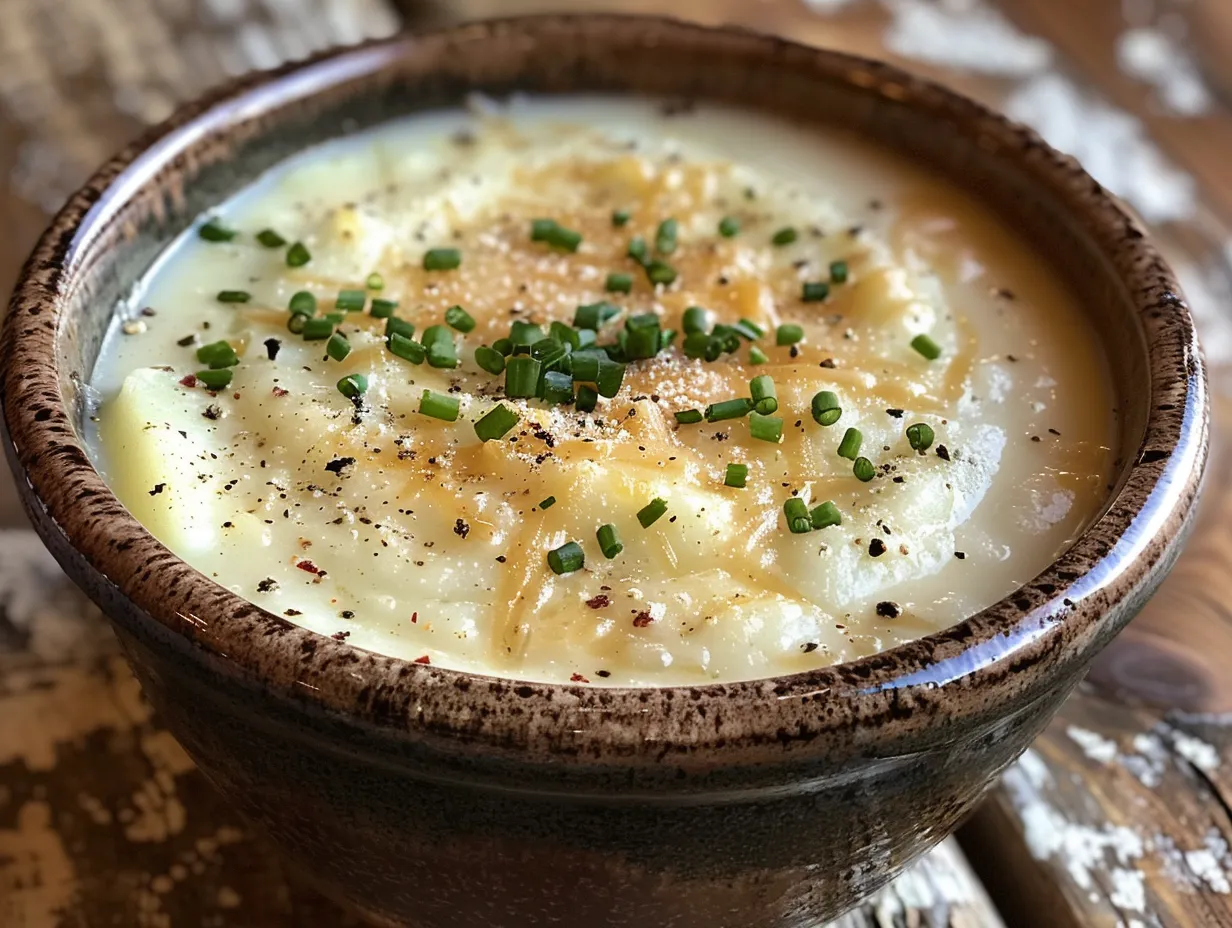 A comforting bowl of garlic cheddar potato soup garnished with chives