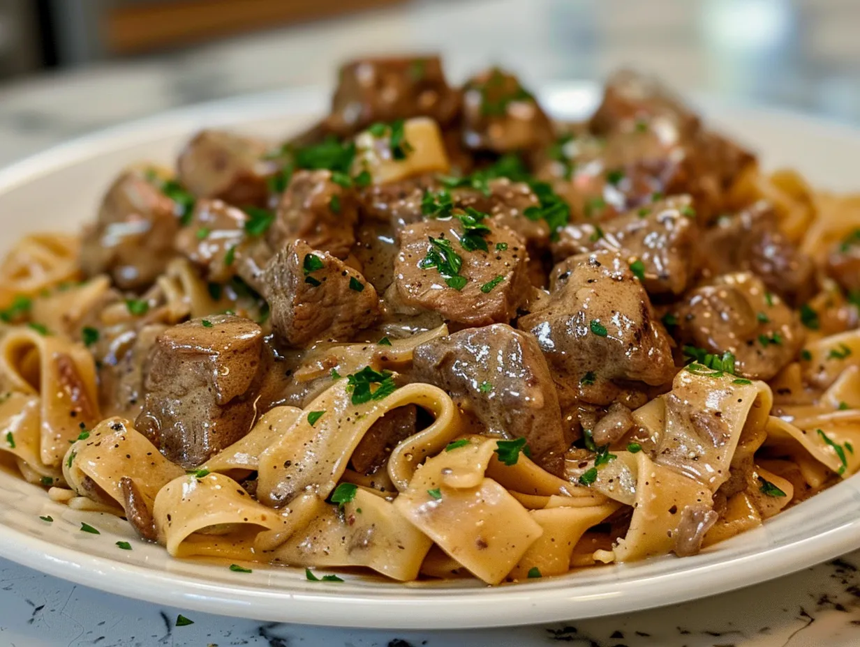 A creamy and delicious serving of classic Beef Stroganoff