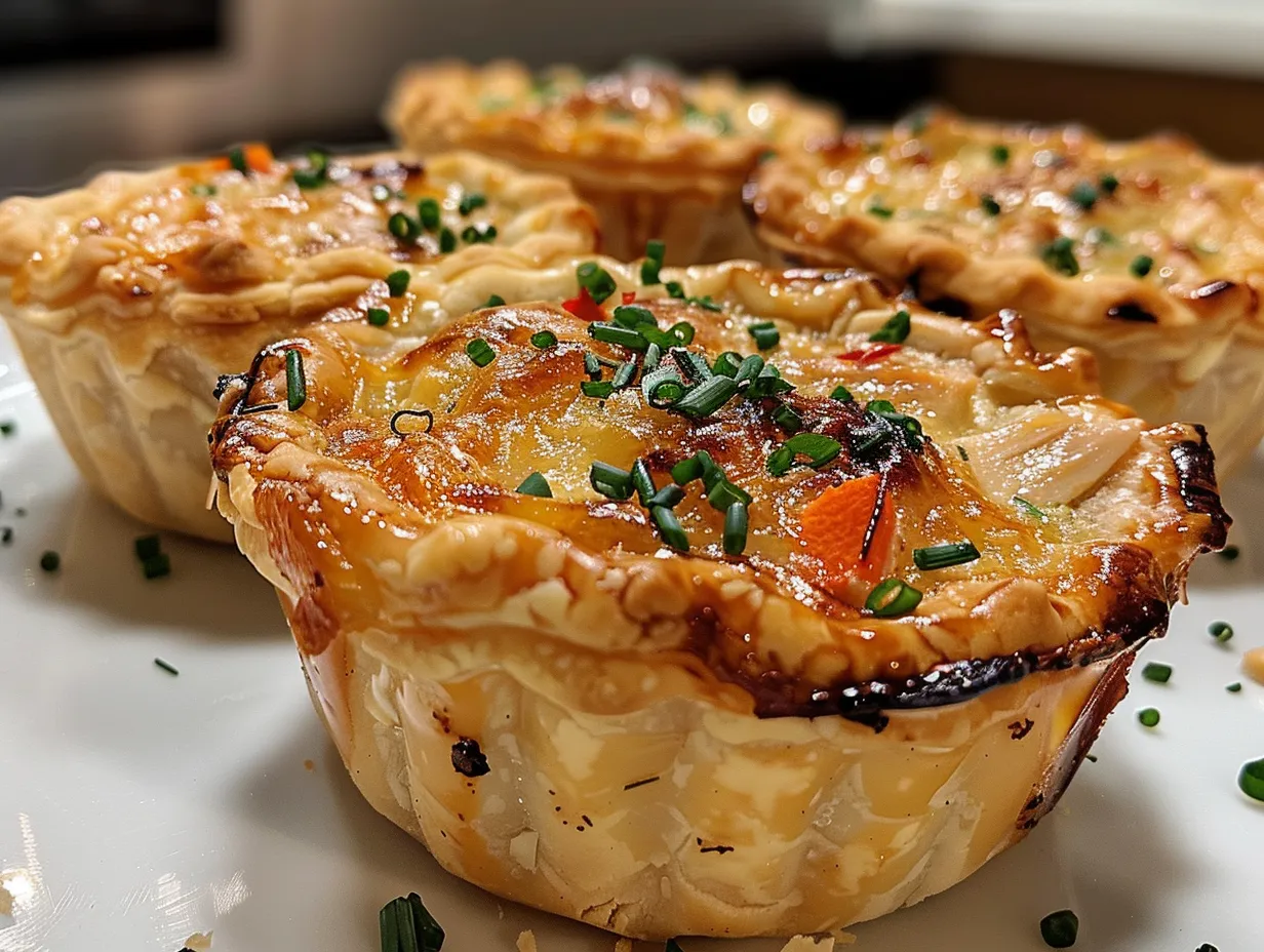 A close-up showcasing the golden-brown crust and creamy filling of Creamy Turkey Pot Mini Pies.
