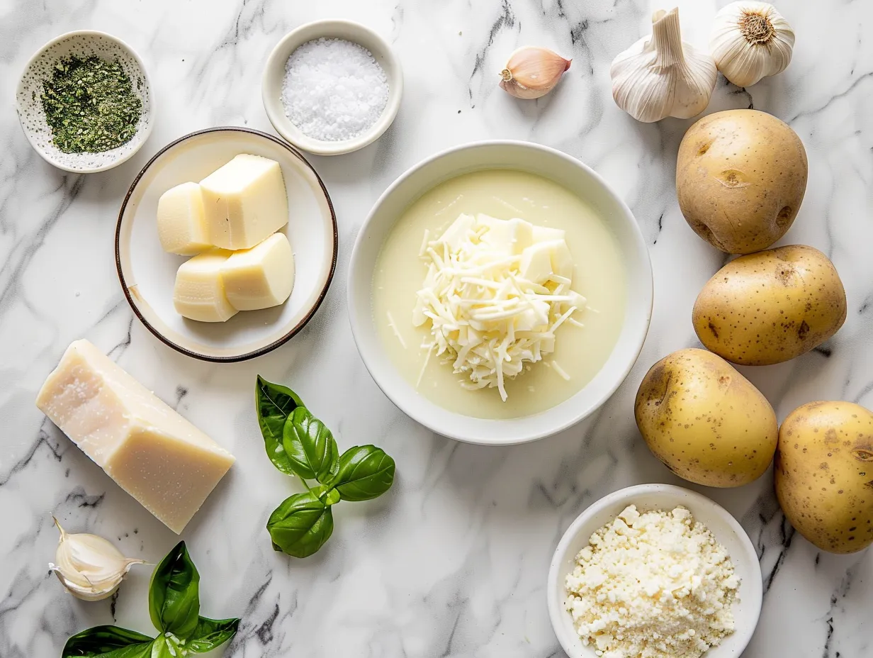 Ingredients for making garlic cheddar potato soup laid out on a wooden surface