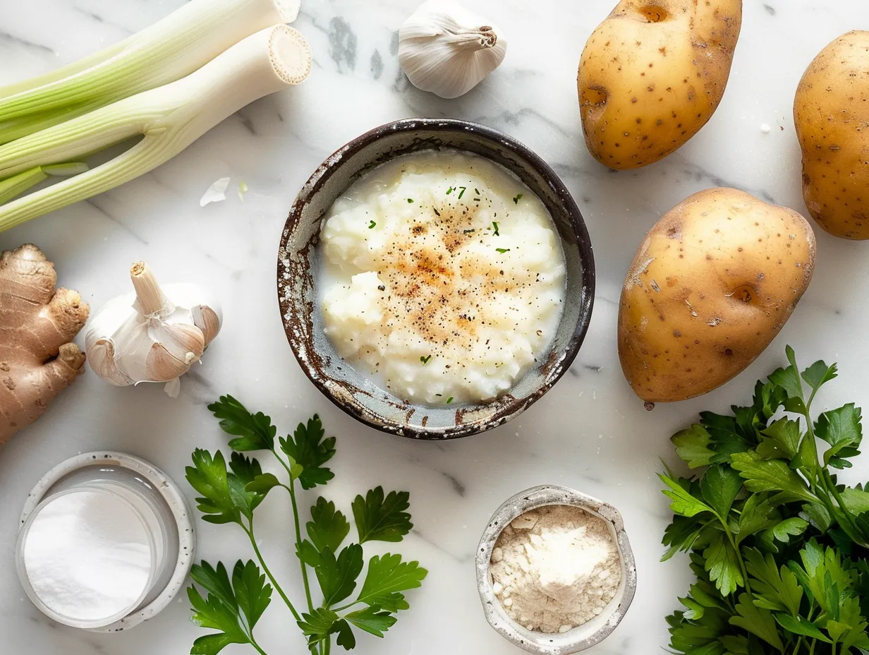 Ingredients for making German Potato Soup including potatoes, carrots, celery, onion, broth and spices.