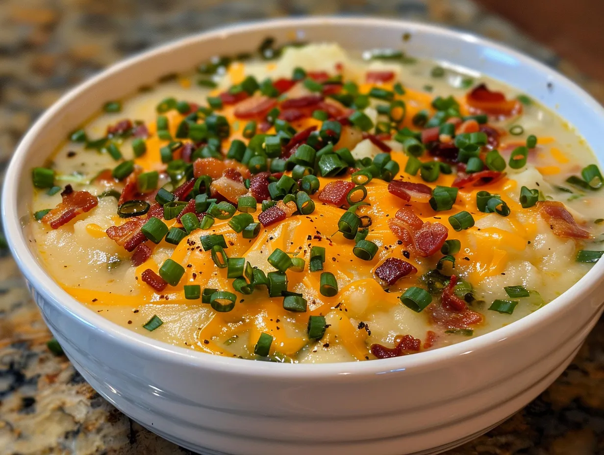 A rustic bowl filled with creamy loaded baked potato soup, garnished with shredded cheese, bacon, and green onions.