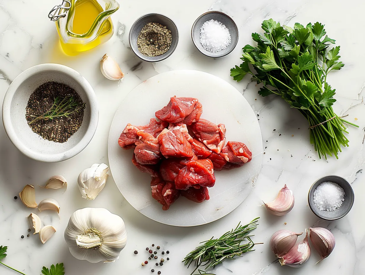 Raw ingredients including beef, mushrooms, onions, garlic and spices for Beef Stroganoff