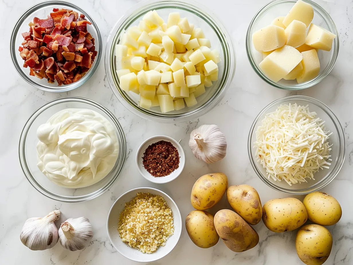 Raw ingredients for Crockpot Potato Soup, including potatoes, onion, garlic, and spices.