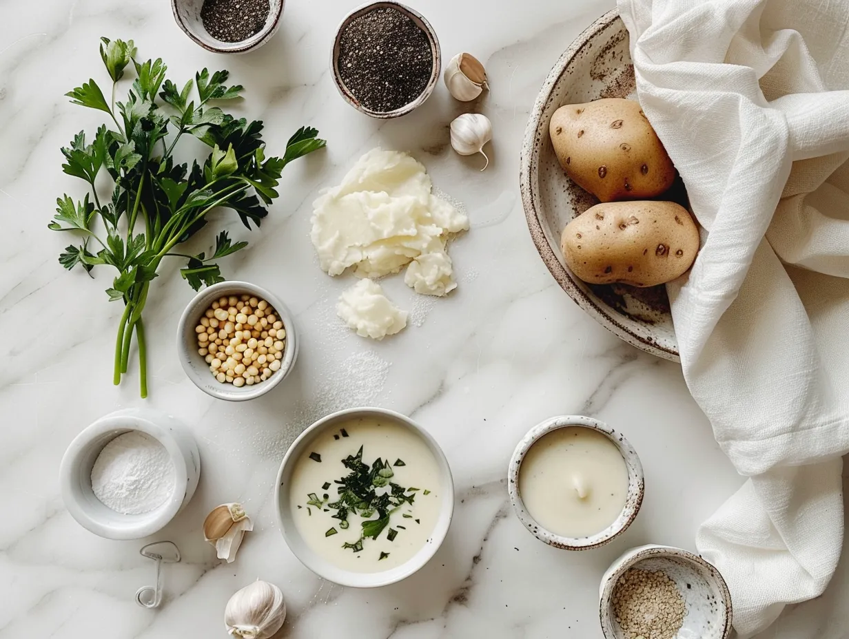 Raw ingredients for making loaded baked potato soup, including potatoes, bacon, cheese, and green onions.