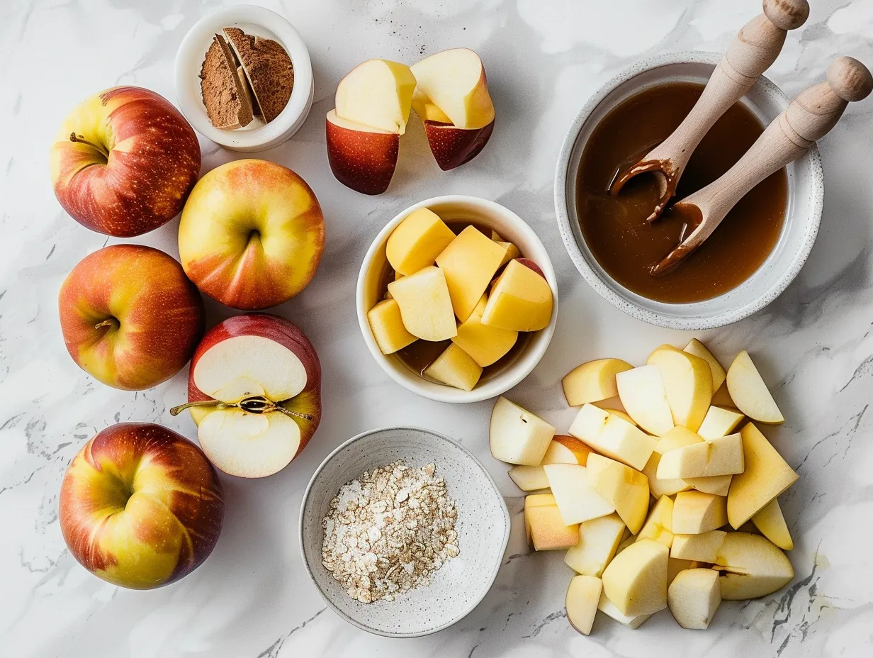 Ingredients for making Samoa Caramel Apple Slices: apples, caramel, coconut, chocolate chips