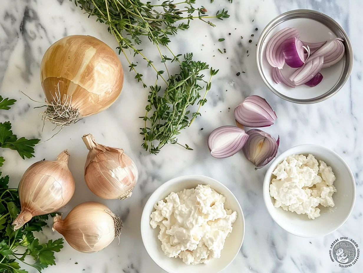 Raw ingredients for preparing sour cream and onion chicken, including chicken breasts, sour cream, onion soup mix, and seasonings.