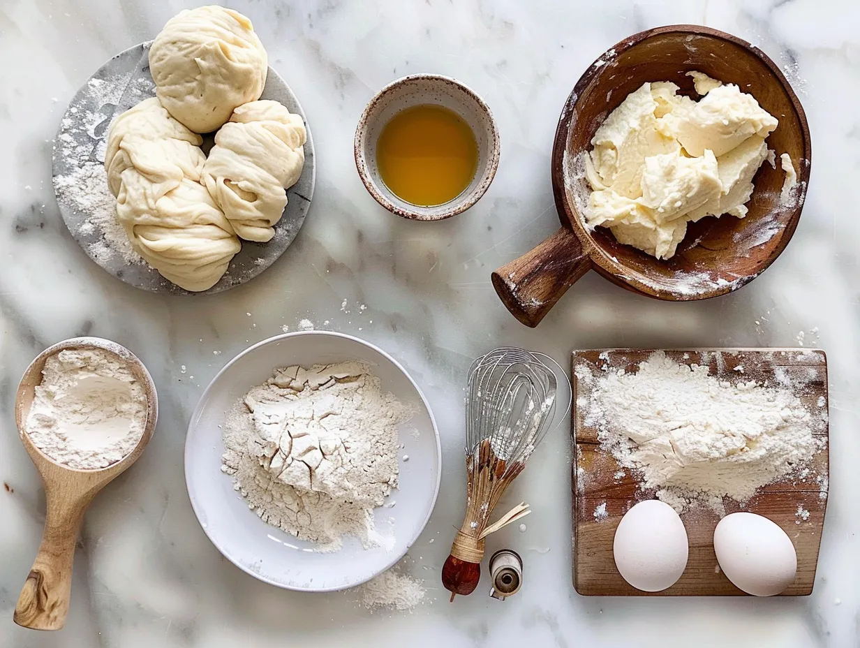 Ingredients for making sweet potato rolls displayed on a wooden surface