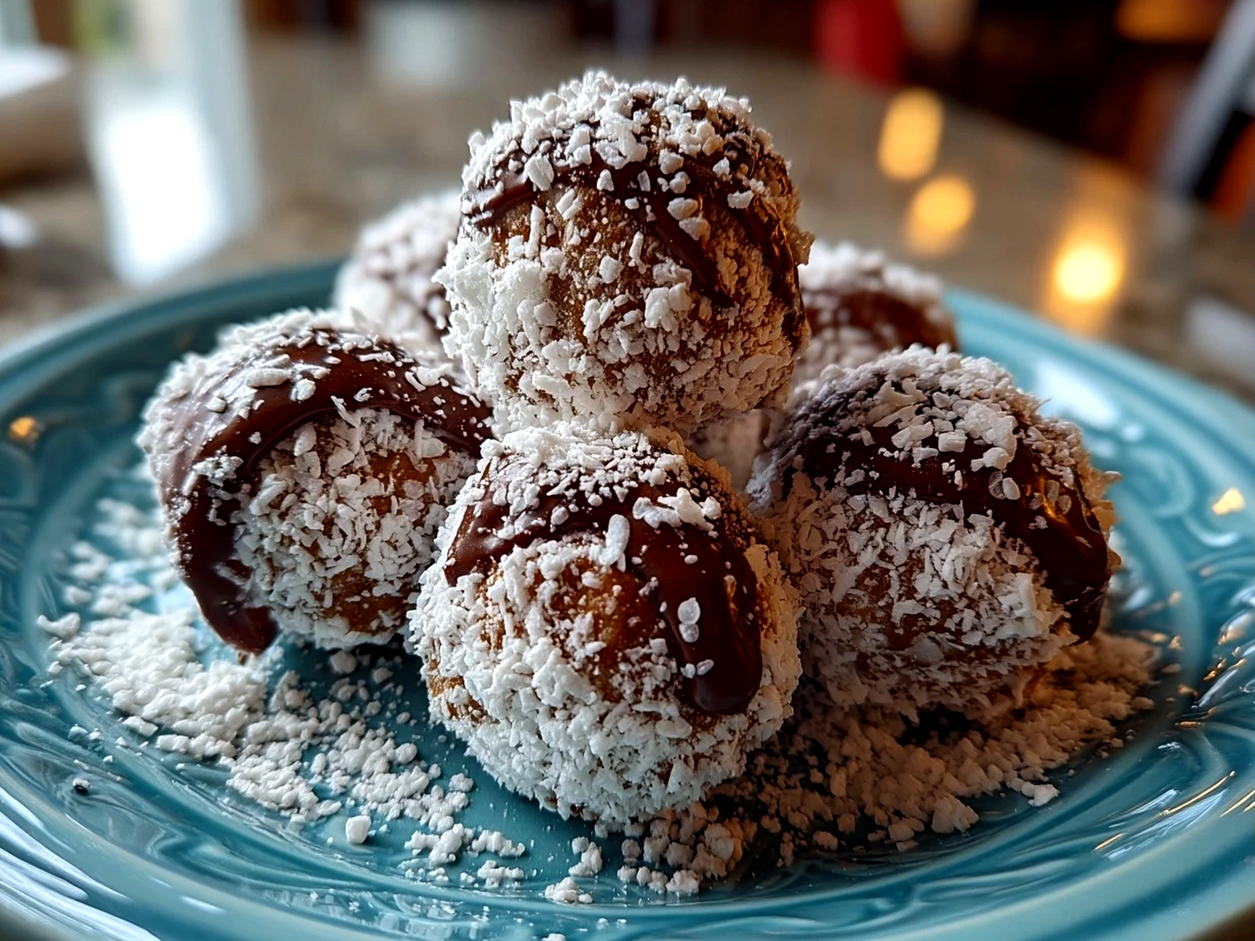 Close up of finished homemade Puppy Chow Balls on a neutral rustic background ready to serve