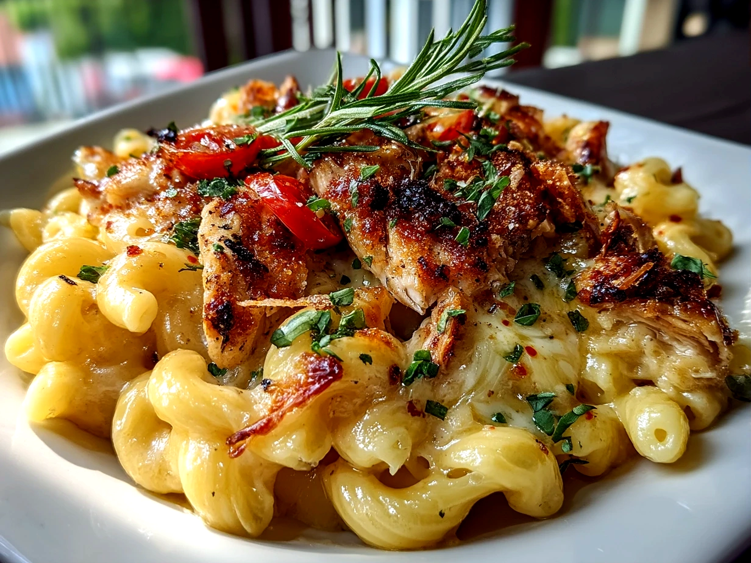 Close-up of finished Honey Pepper Chicken Mac and Cheese ready to serve