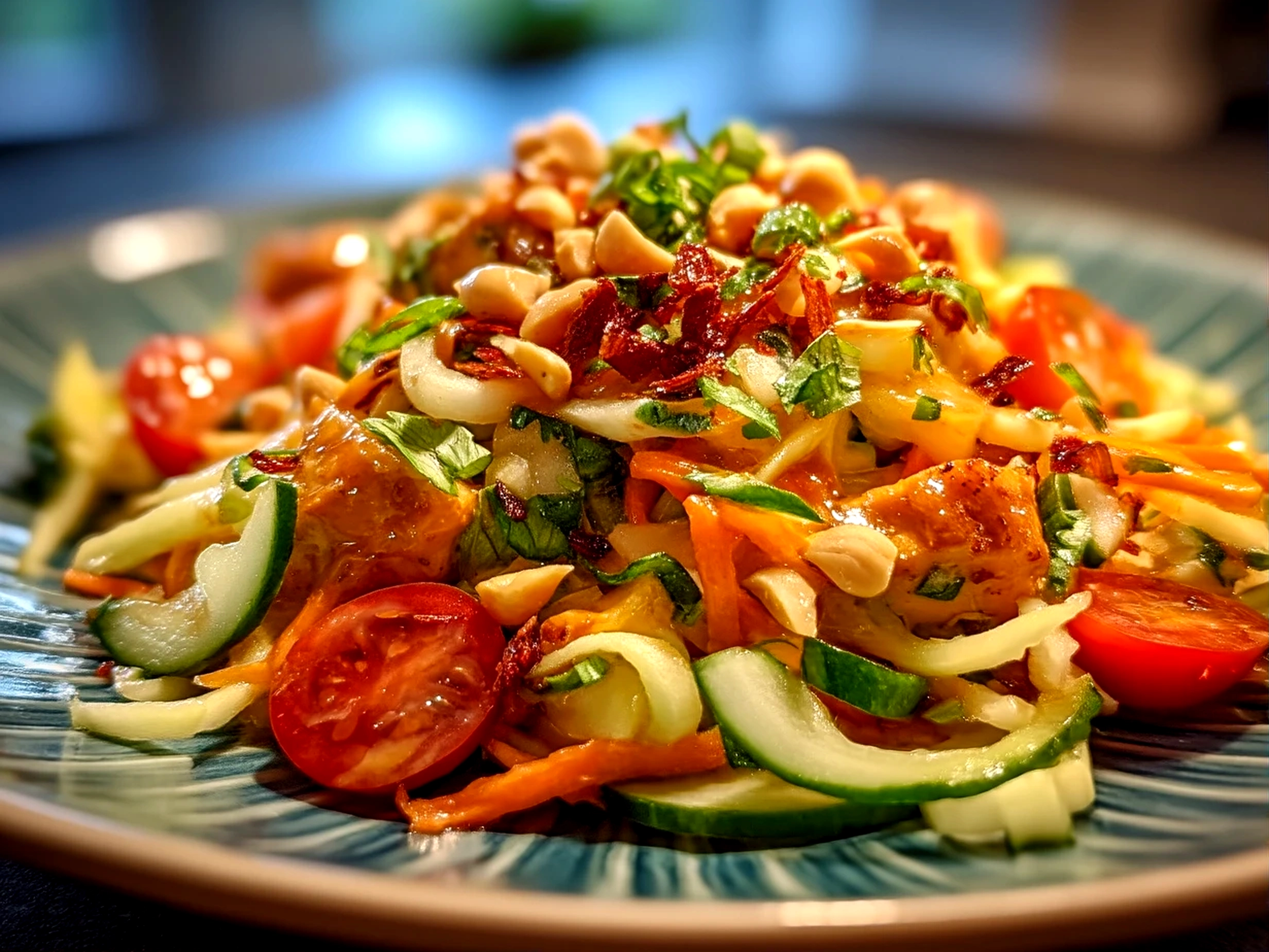 Close-up of a finished Thai Peanut Salad in a large bowl with vibrant colors of fresh vegetables and peanut dressing.