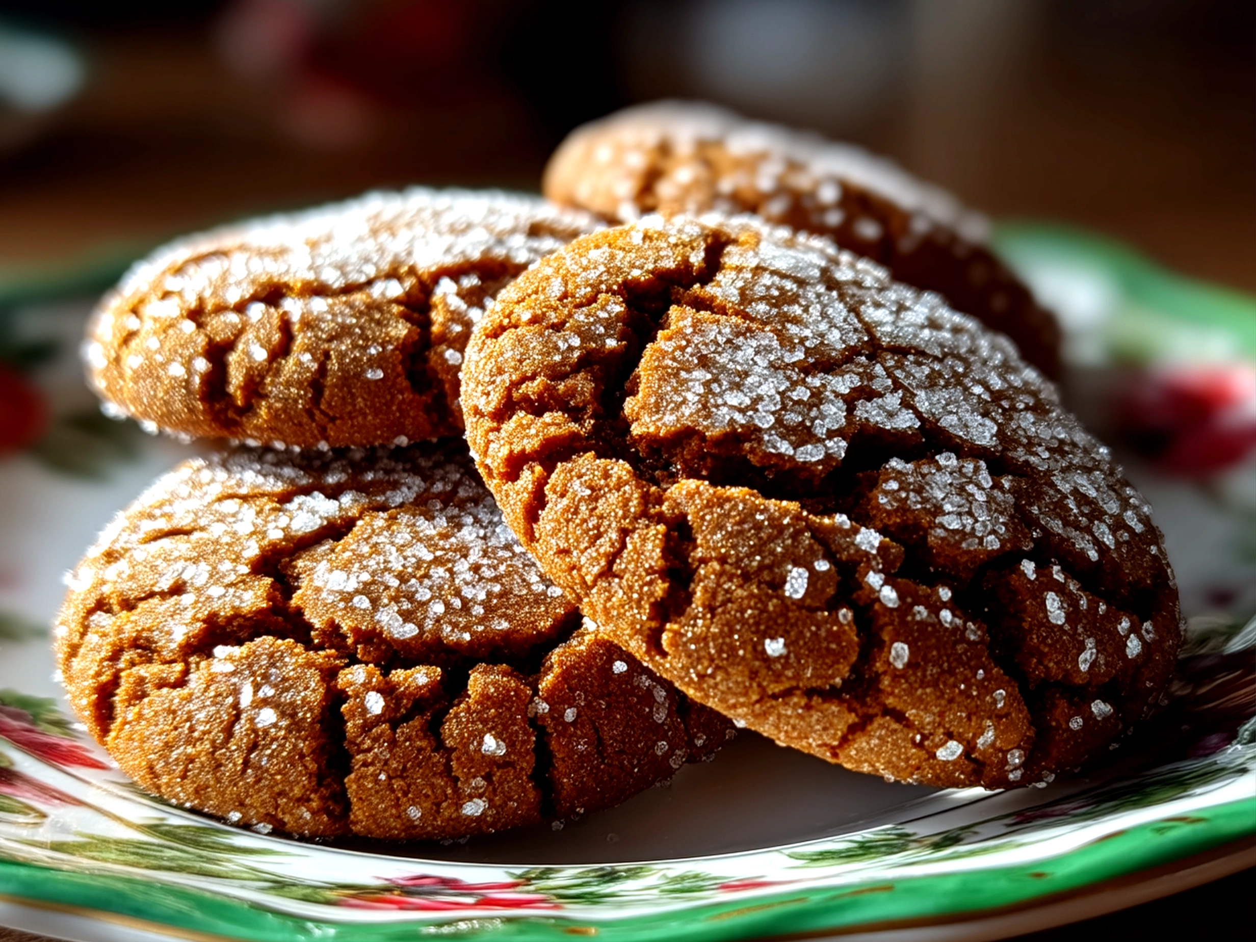 Close-up of finished comforting molasses crinkle cookies on a plate in a home kitchen