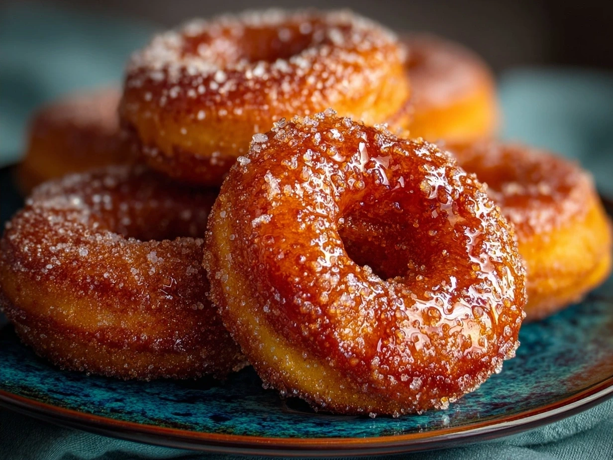 A plate of freshly made Apple Cider Donuts coated with cinnamon sugar