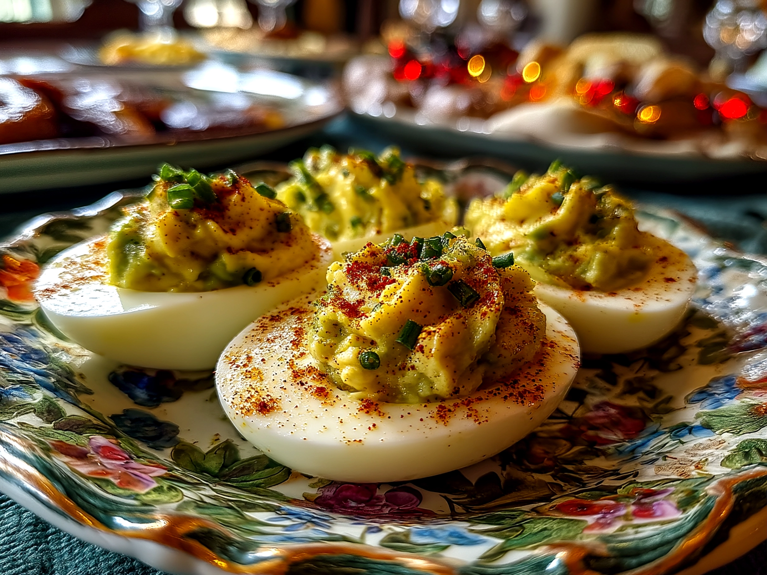 Served avocado deviled eggs on a decorative platter garnished with paprika and herbs