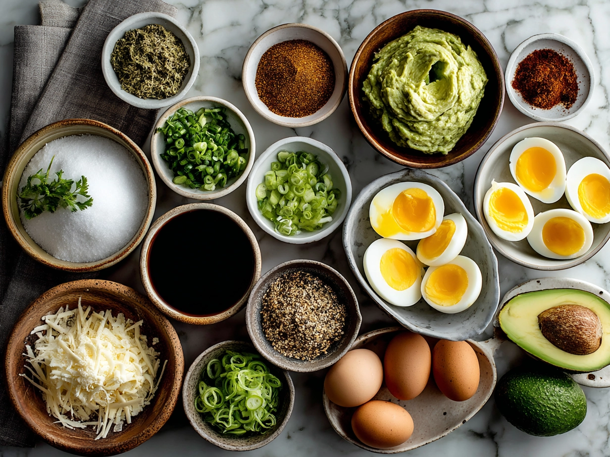 Ingredients for avocado deviled eggs including eggs, avocado, mayonnaise, mustard, lemon juice, and spices