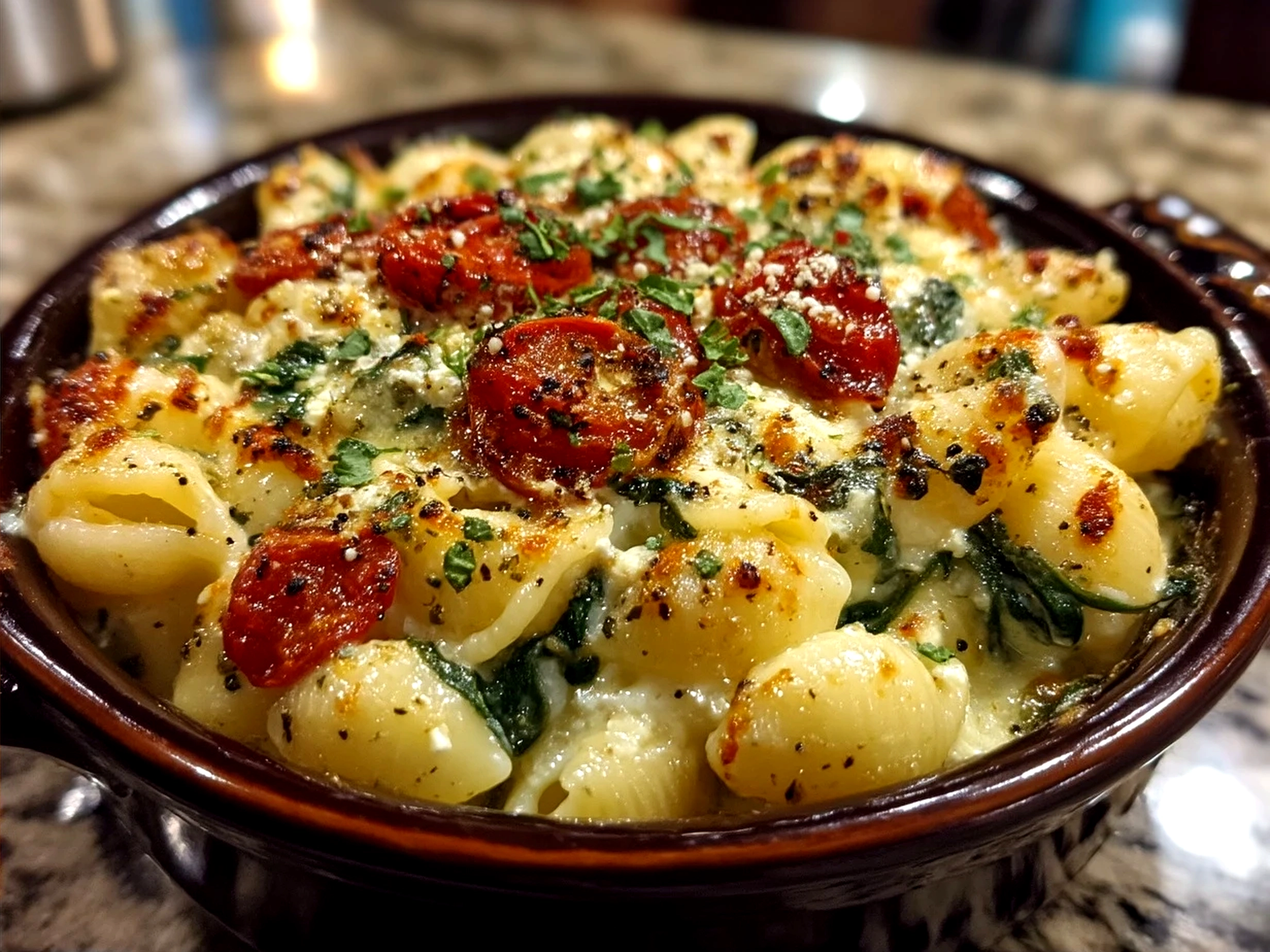 Served Baked Feta Pasta with Spinach garnished with fresh basil in a white bowl