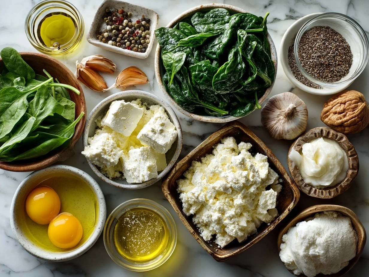Ingredients for Baked Feta Pasta with Spinach including feta block, cherry tomatoes, olive oil, garlic, spinach, pasta, and herbs