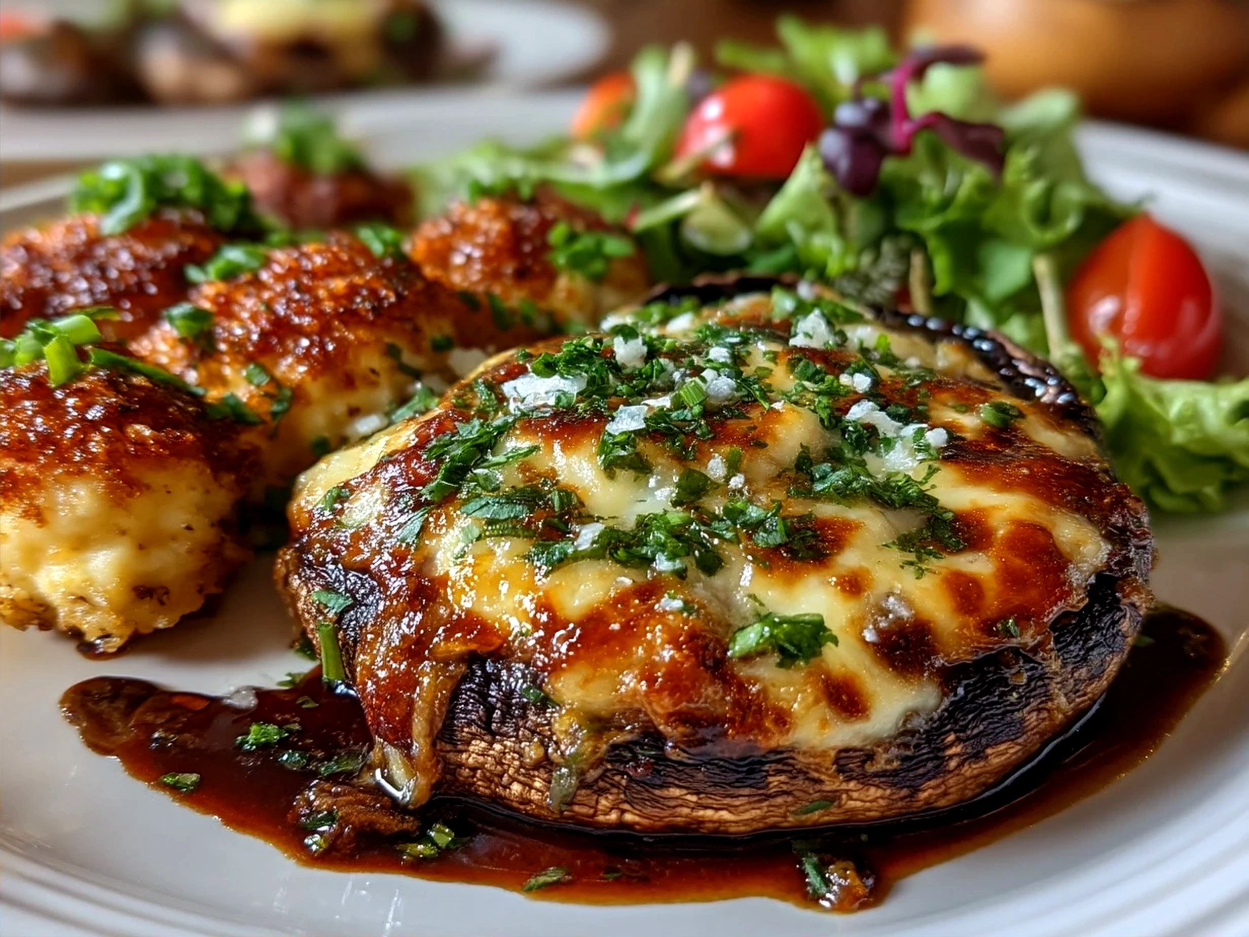 Plated Baked Stuffed Portobello Mushrooms garnished with fresh herbs and balsamic glaze