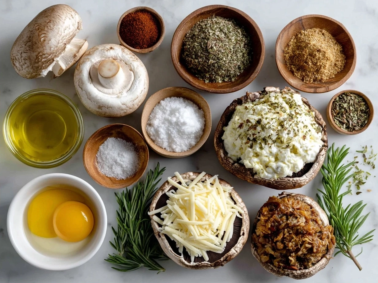Ingredients laid out for Baked Stuffed Portobello Mushrooms including portobello caps, chopped onions, garlic, spinach, breadcrumbs, cheese, and sun-dried tomatoes