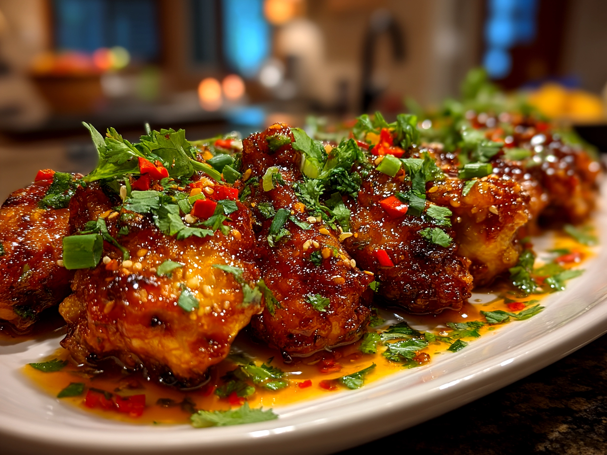 Baked sweet chili wings served on a platter
