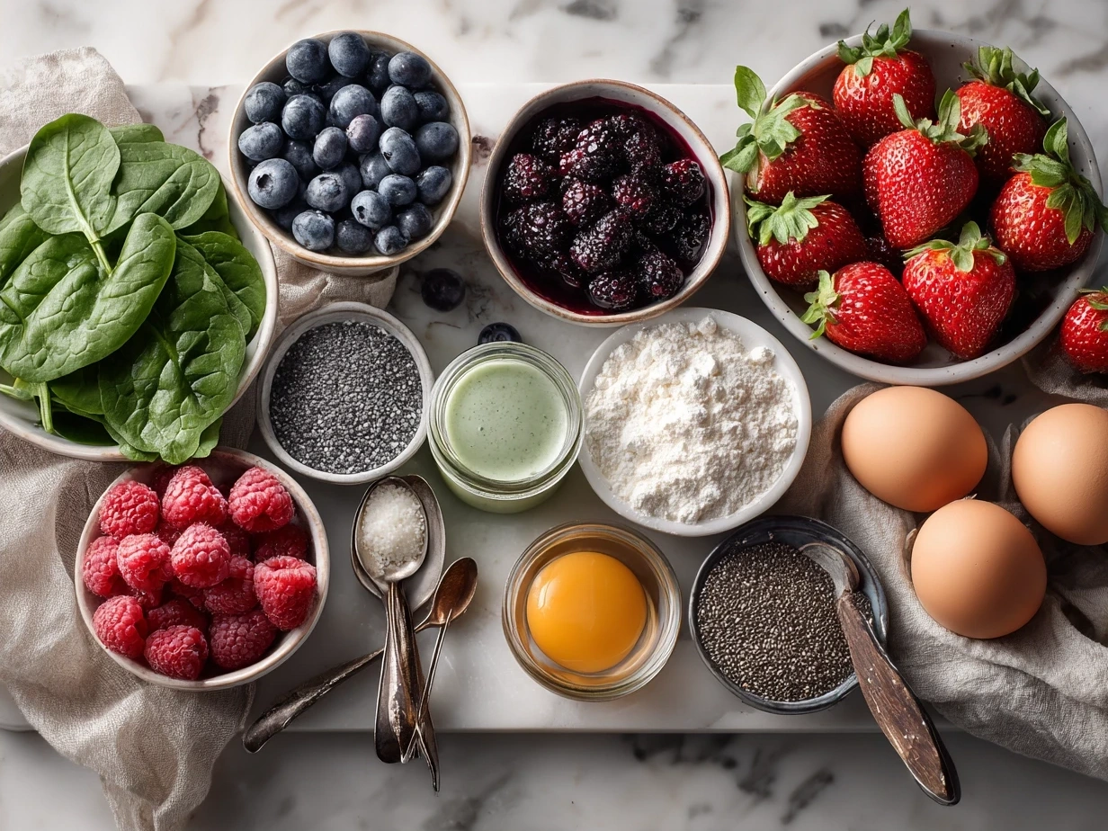 Ingredients for Berry Spinach Smoothie including fresh spinach, mixed berries, banana, almond milk, chia seeds, and optional sweeteners