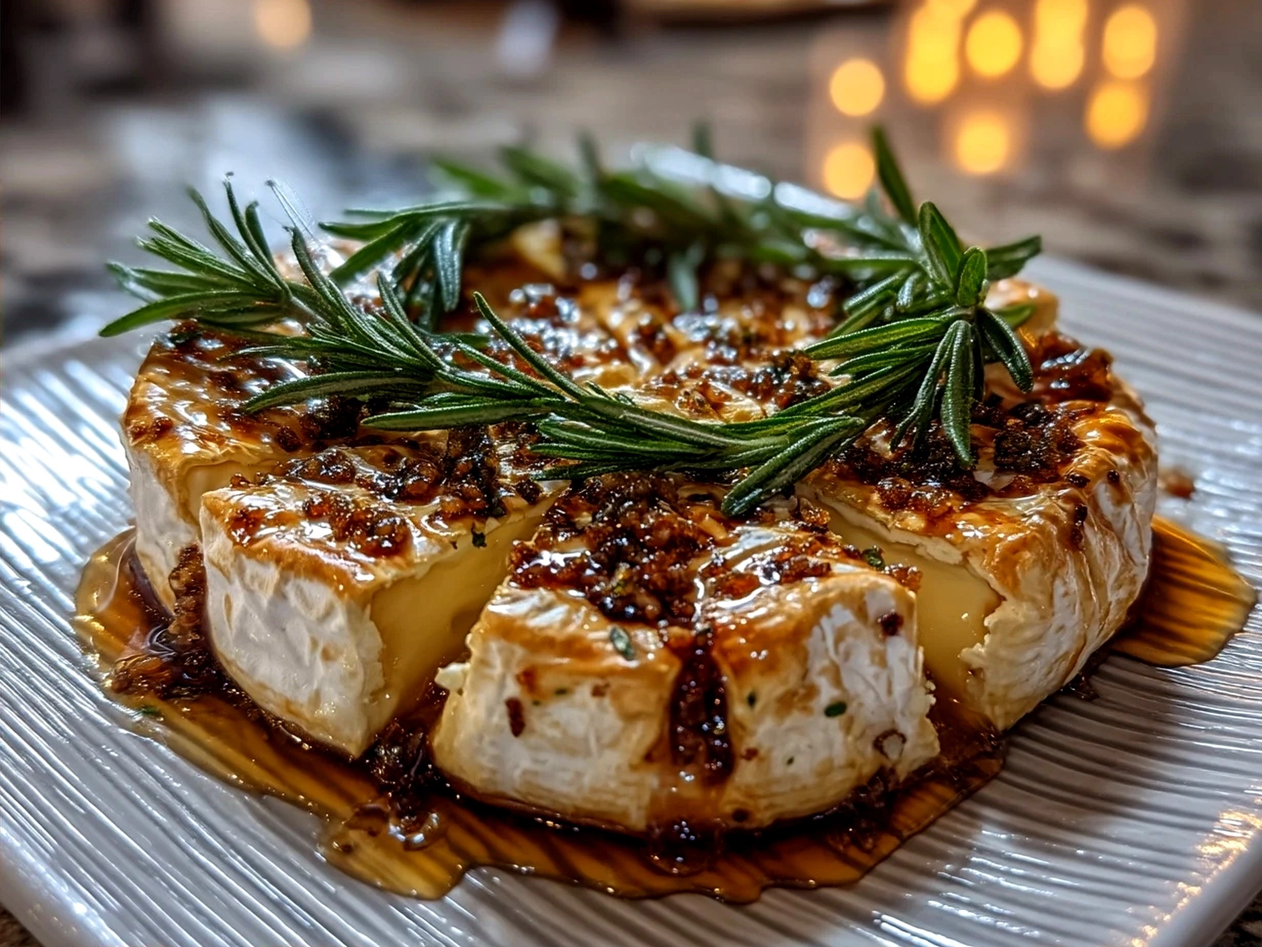 Beautifully presented Brie Cheese Wheel with Rosemary Wreath on a wooden board with crackers and fresh fruit