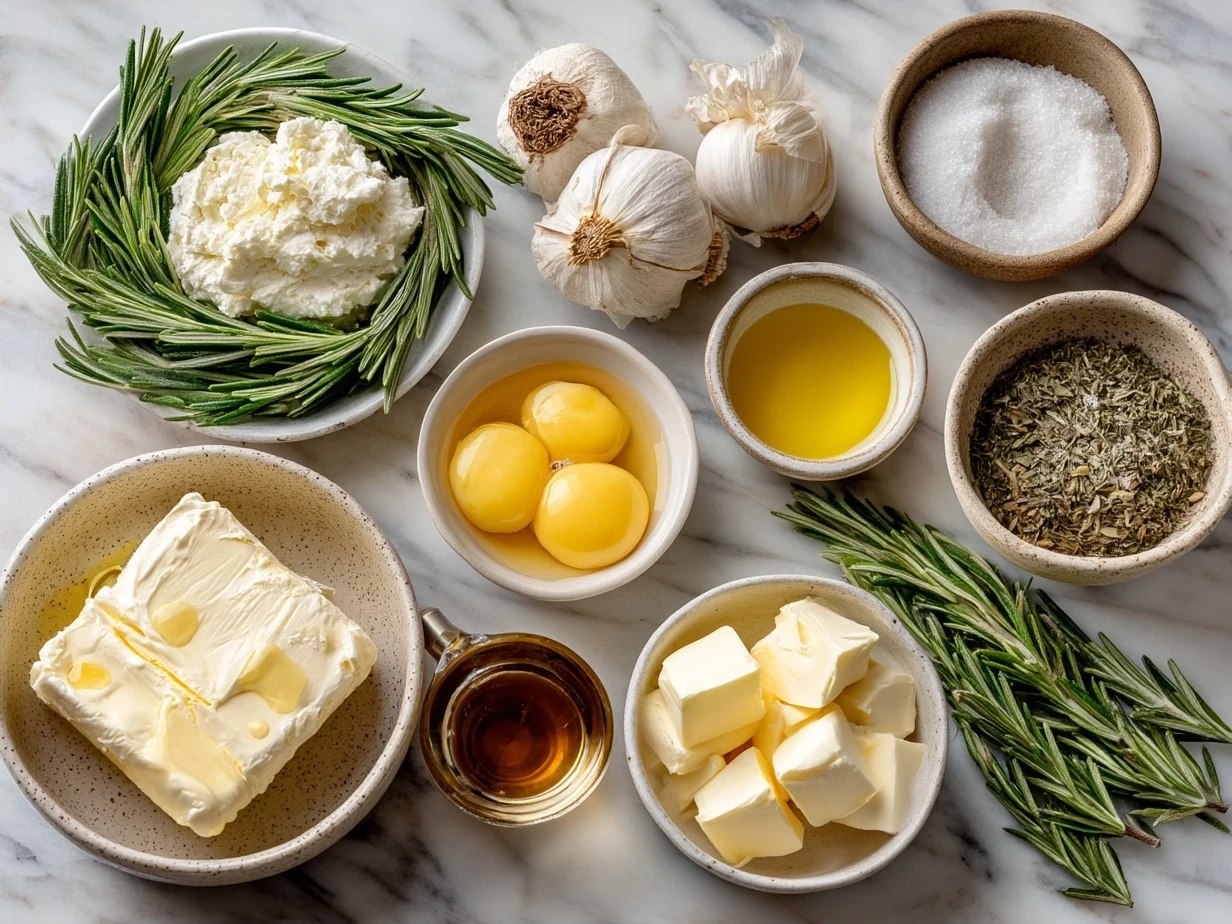 Ingredients for Brie Cheese Wheel with Rosemary Wreath including fresh rosemary, Brie cheese, olive oil, and optional toppings