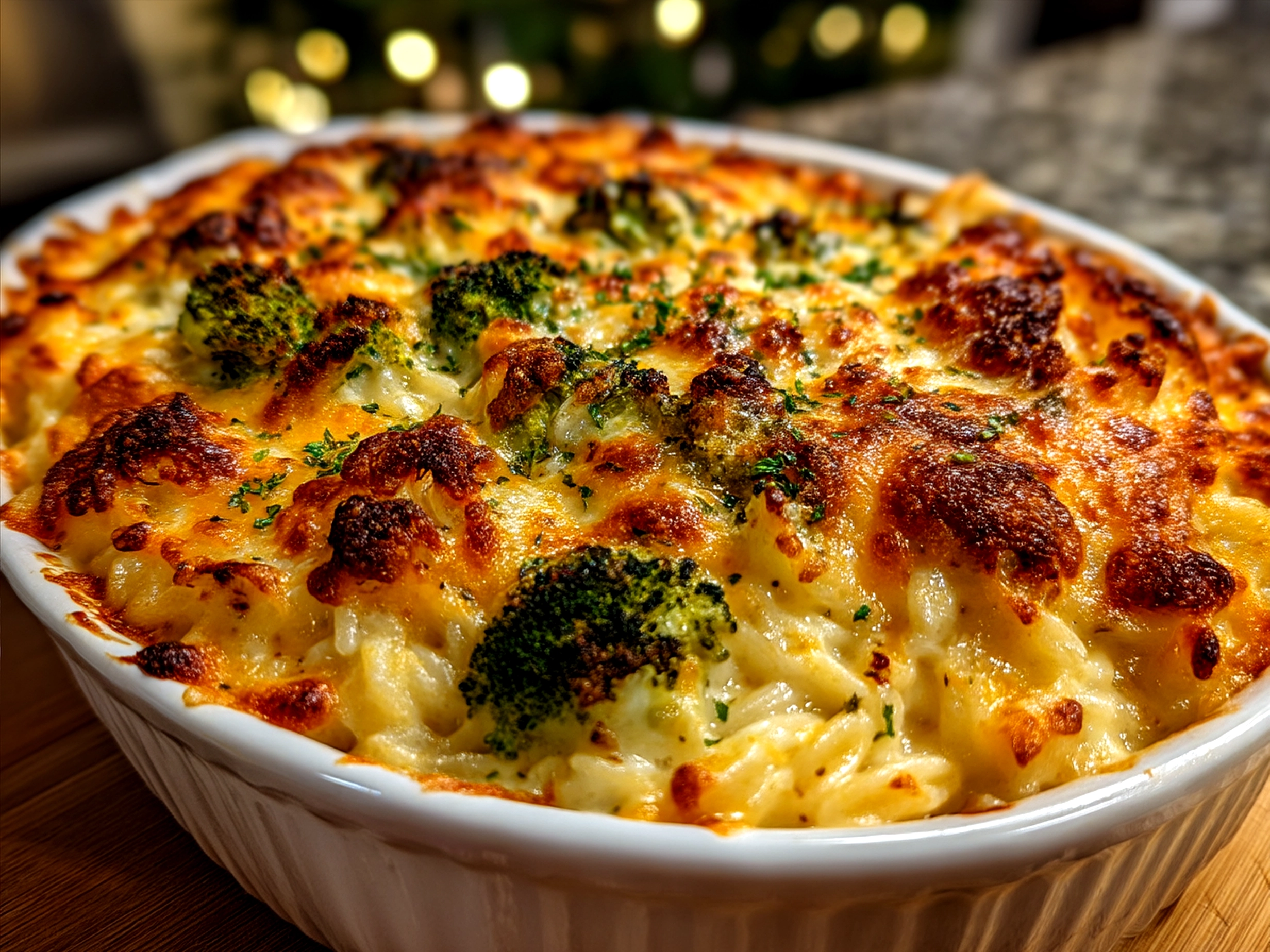 Freshly baked Broccoli Cheddar Orzo Bake with golden cheese crust served on a plate