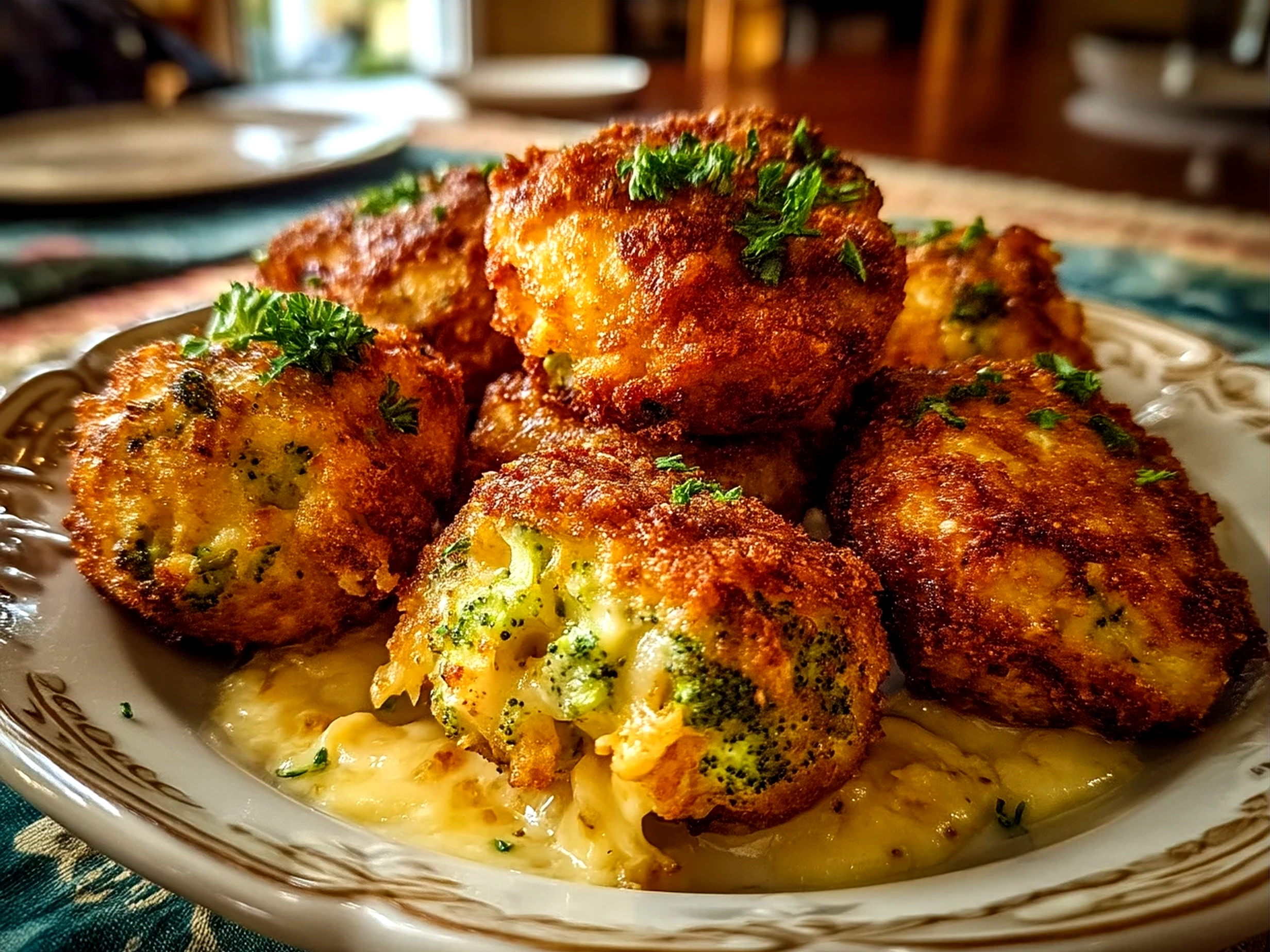 Plated Broccoli Cheese Balls garnished with herbs and dipping sauces