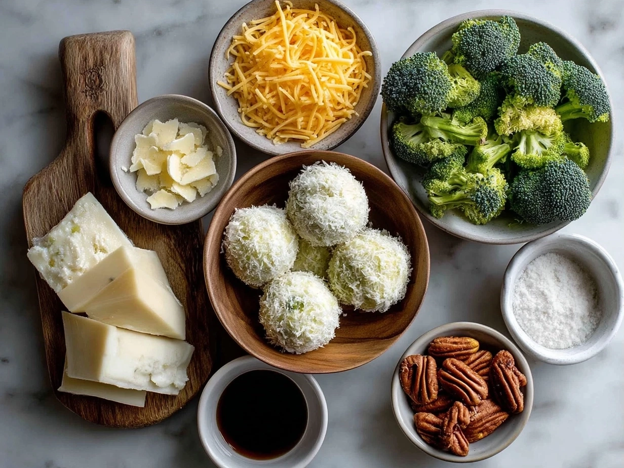 Ingredients for Broccoli Cheese Balls: broccoli, cheddar cheese, mozzarella, panko breadcrumbs, parmesan, eggs, garlic, seasoning