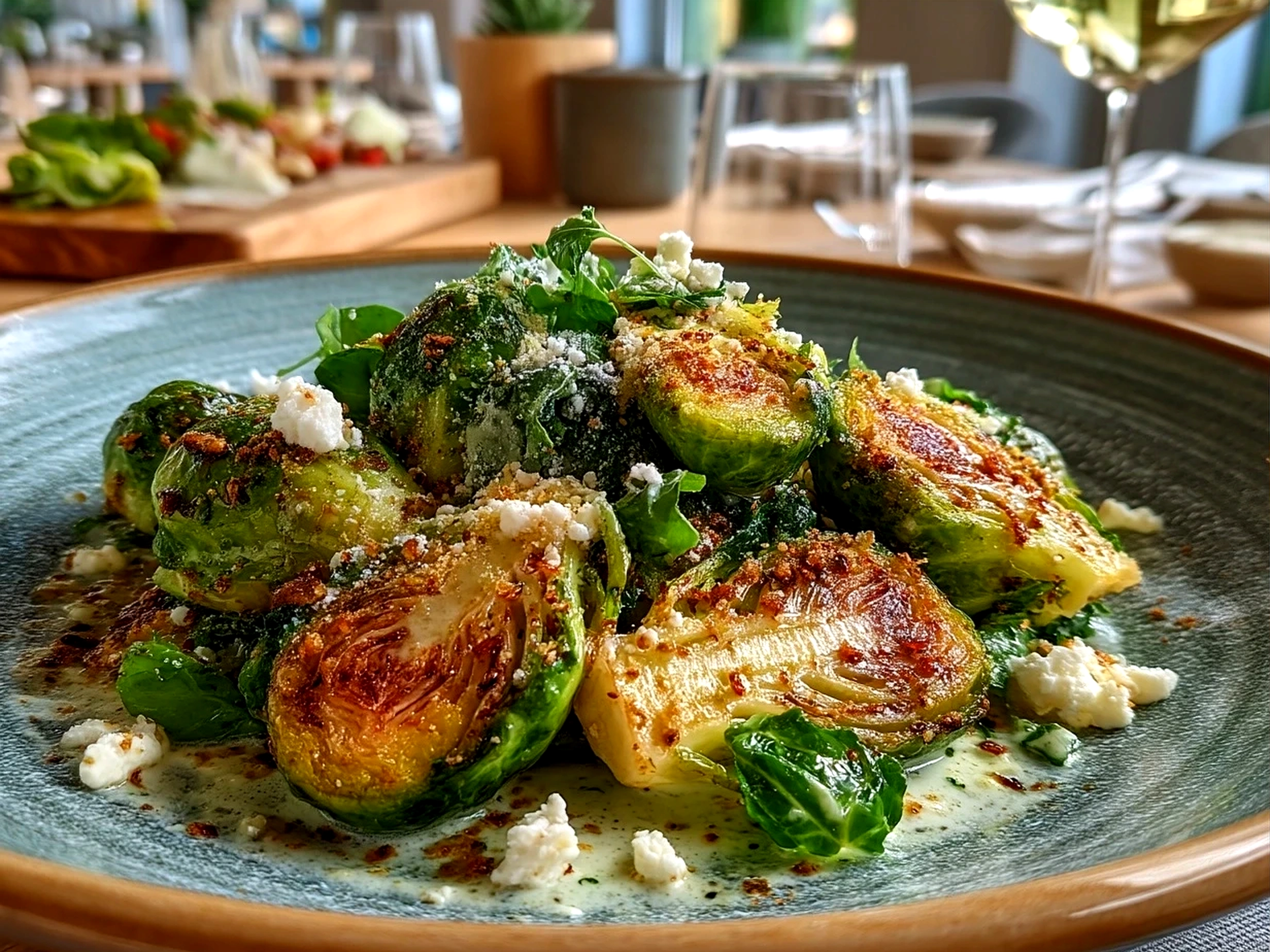 Finished Brussels Sprouts Caesar served on a white platter with lemon wedges