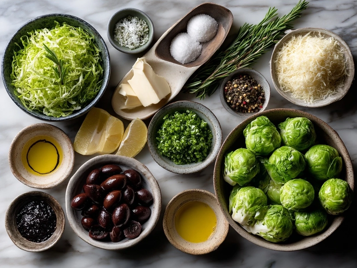 Ingredients for Brussels Sprouts Caesar including Brussels sprouts, olive oil, Parmesan cheese, and Caesar dressing
