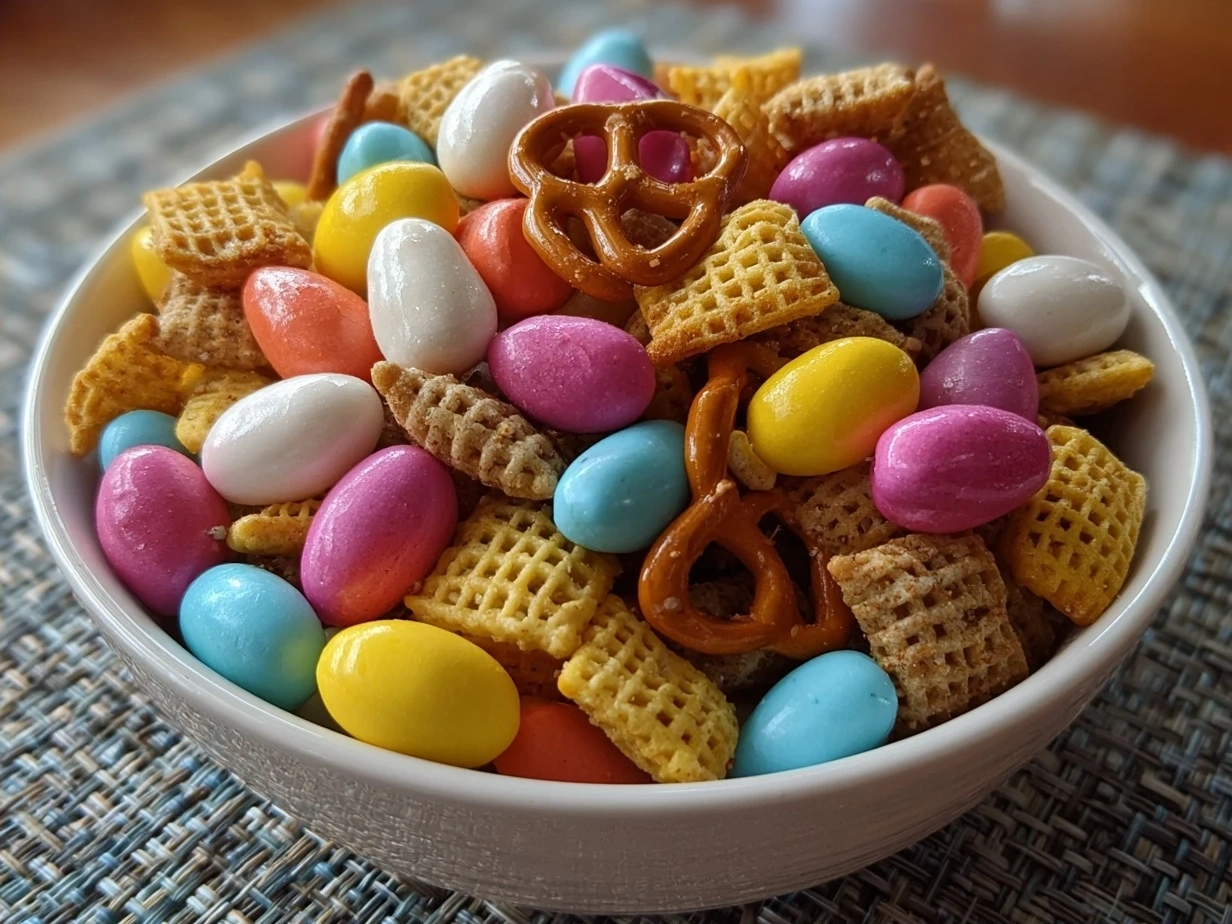 Bunny Bait Snack Mix served in a colorful bowl with pastel candy eggs and marshmallows