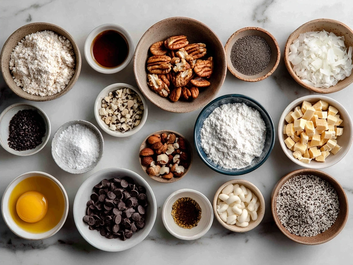 Ingredients for Bunny Bait Snack Mix: rice cereal squares, pastel candy-coated chocolate eggs, mini marshmallows, bunny-shaped pretzels, popcorn, candy-coated sunflower seeds, white chocolate, vanilla extract, and sea salt