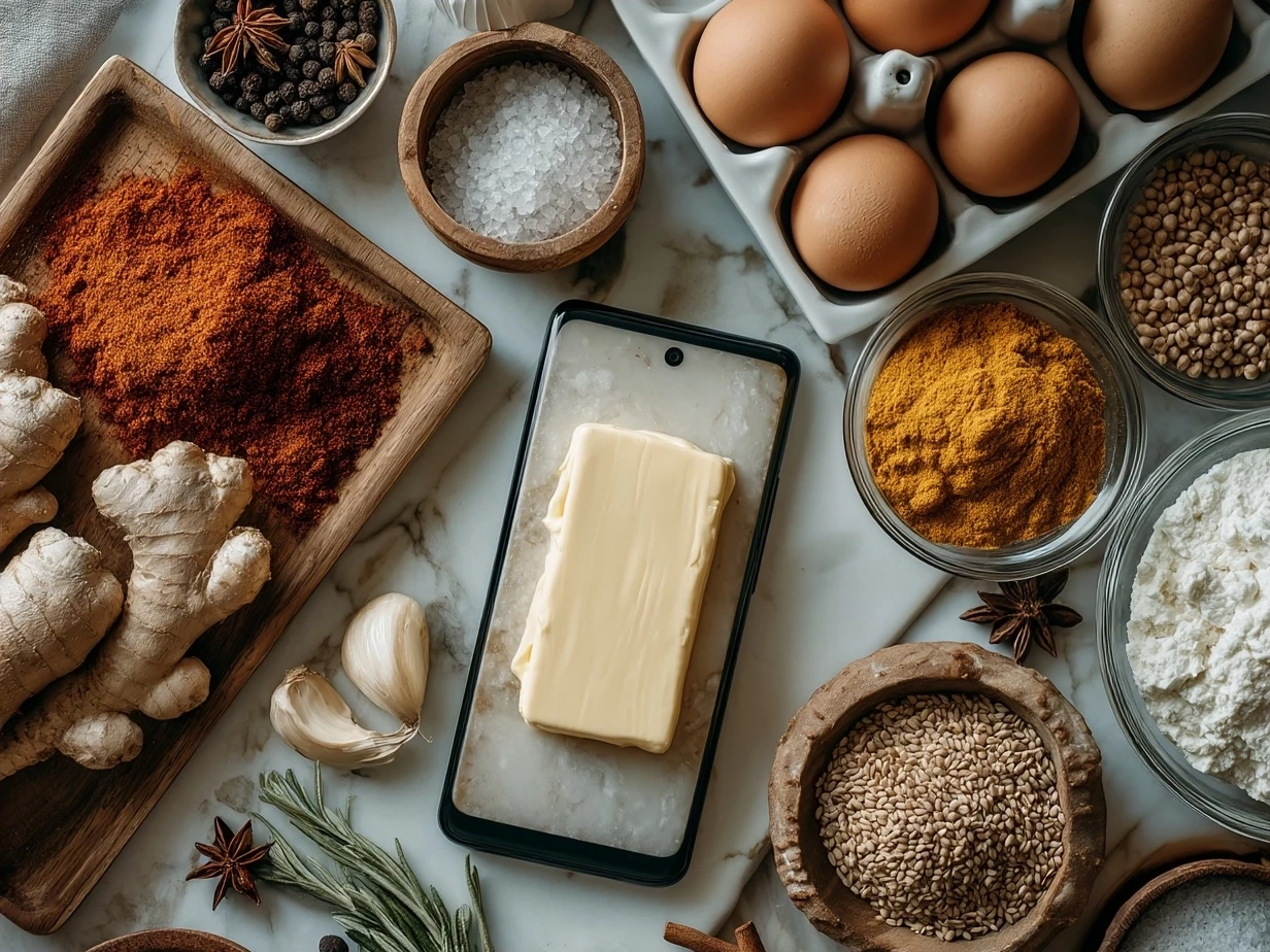 Ingredients for butter chicken including chicken thighs, butter, onions, spices, tomato puree, cream, and cilantro