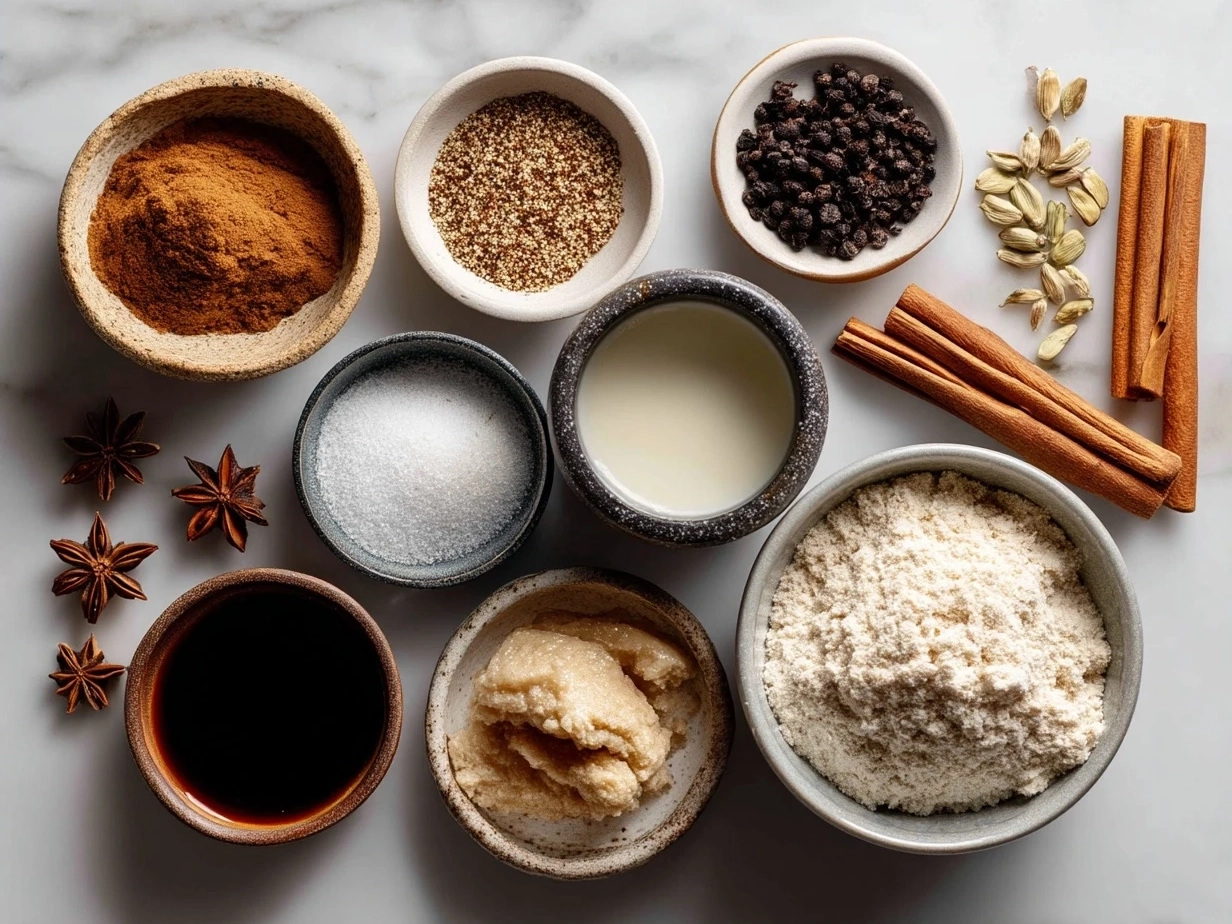 Ingredients for Chai Spiced Pancakes laid out on a kitchen counter