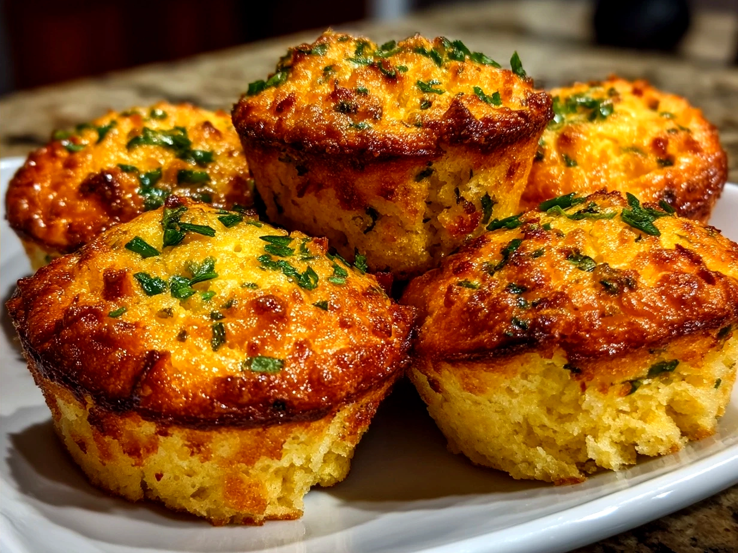 Golden Cheddar Jalapeño Cornbread Muffins arranged on a colorful ceramic platter