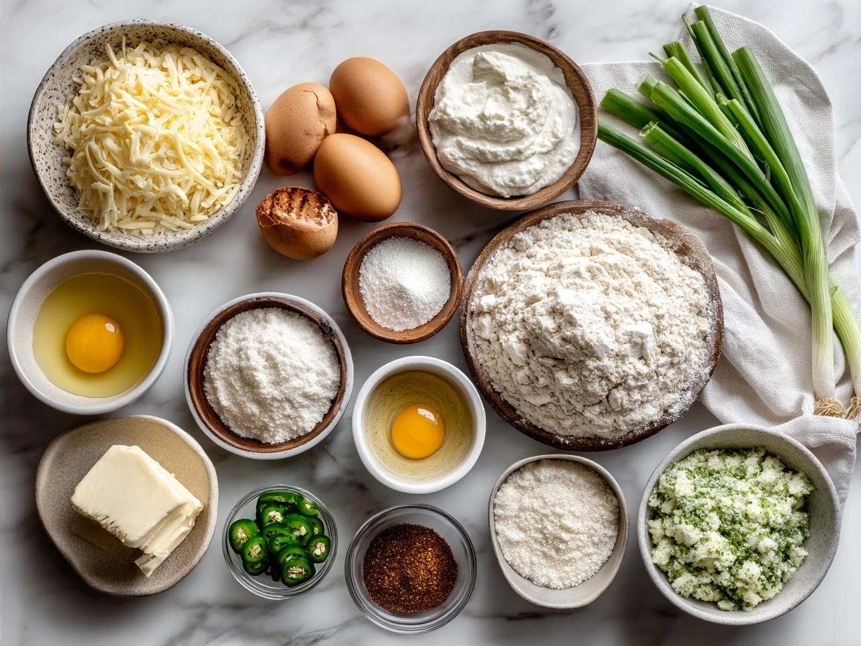 Ingredients for Cheddar Jalapeño Cornbread Muffins laid out on a wooden surface
