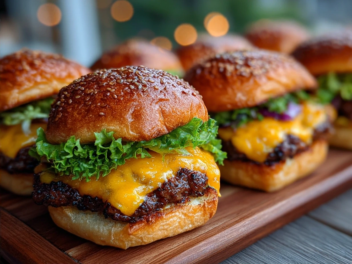 Finished Cheeseburger Sliders on Hawaiian Rolls, melty cheese and golden rolls
