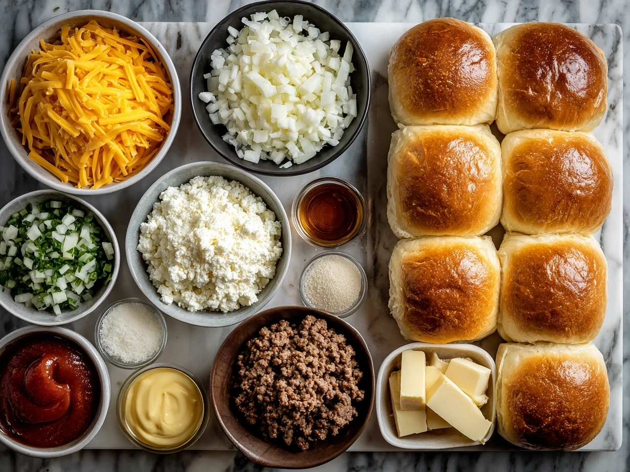 Ingredients for Cheeseburger Sliders on Hawaiian Rolls: Hawaiian rolls, ground beef, American cheese, and condiments