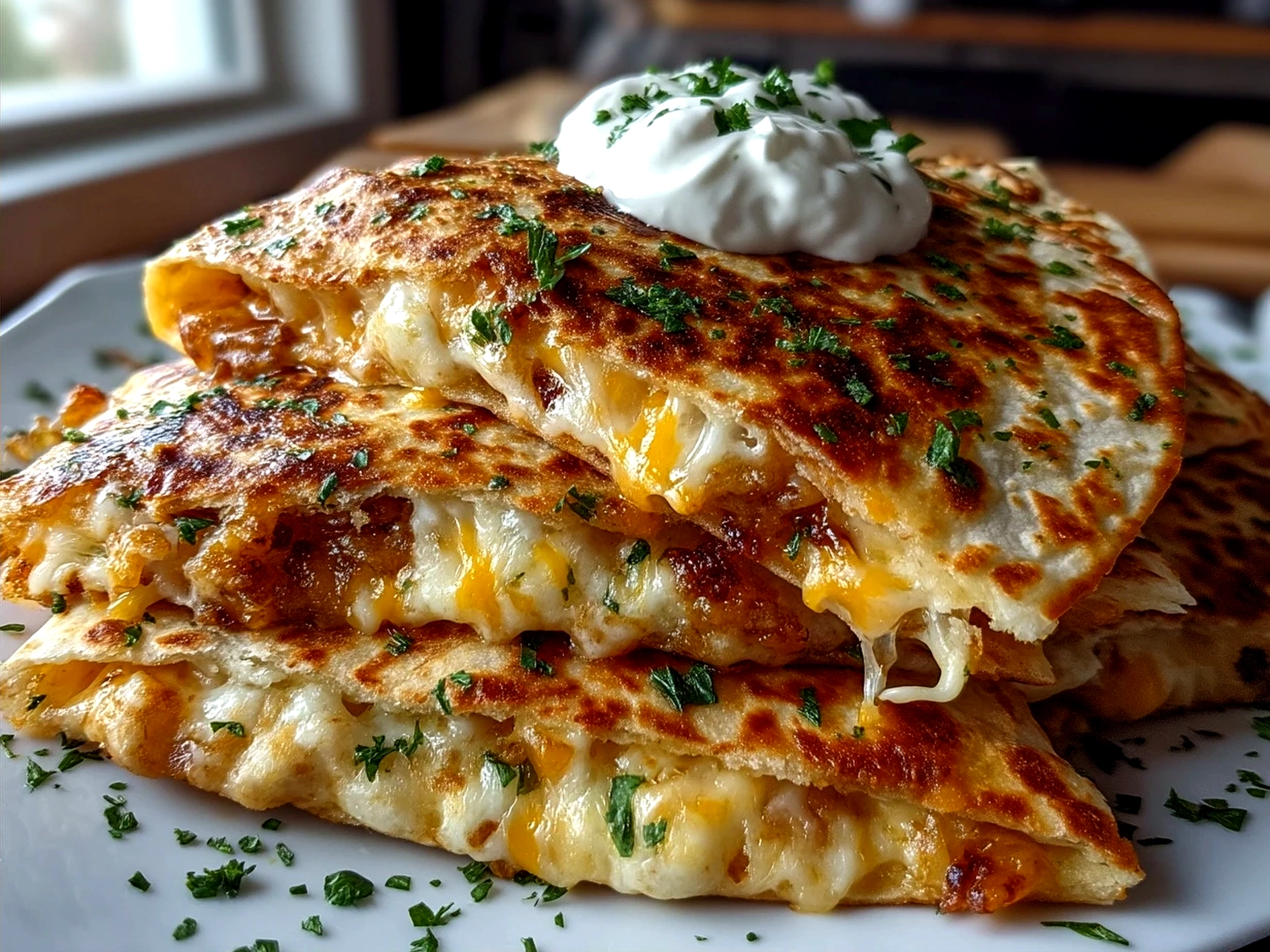 Served cheese quesadilla sliced on a plate