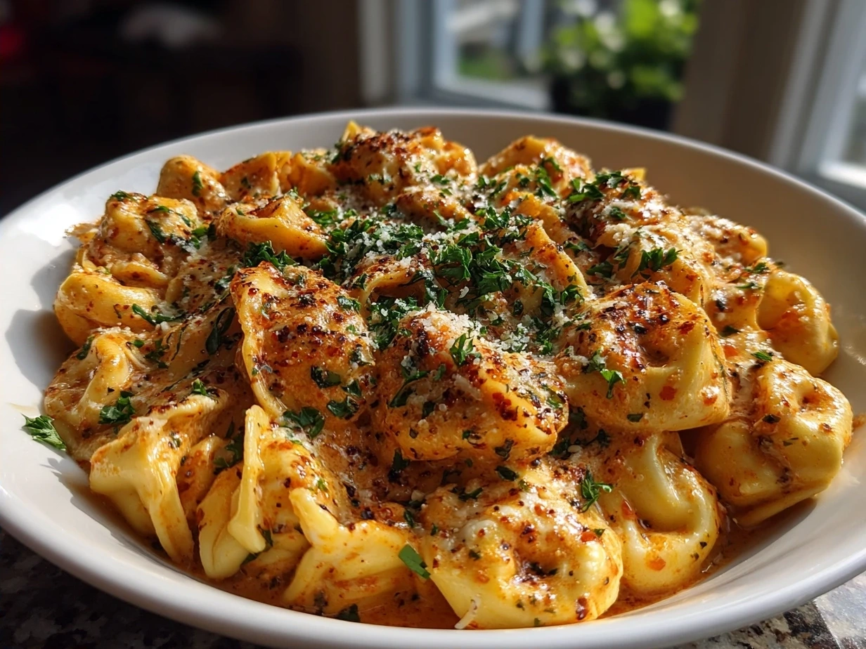 Finished Cheese Tortellini in Creamy Marinara ready to serve