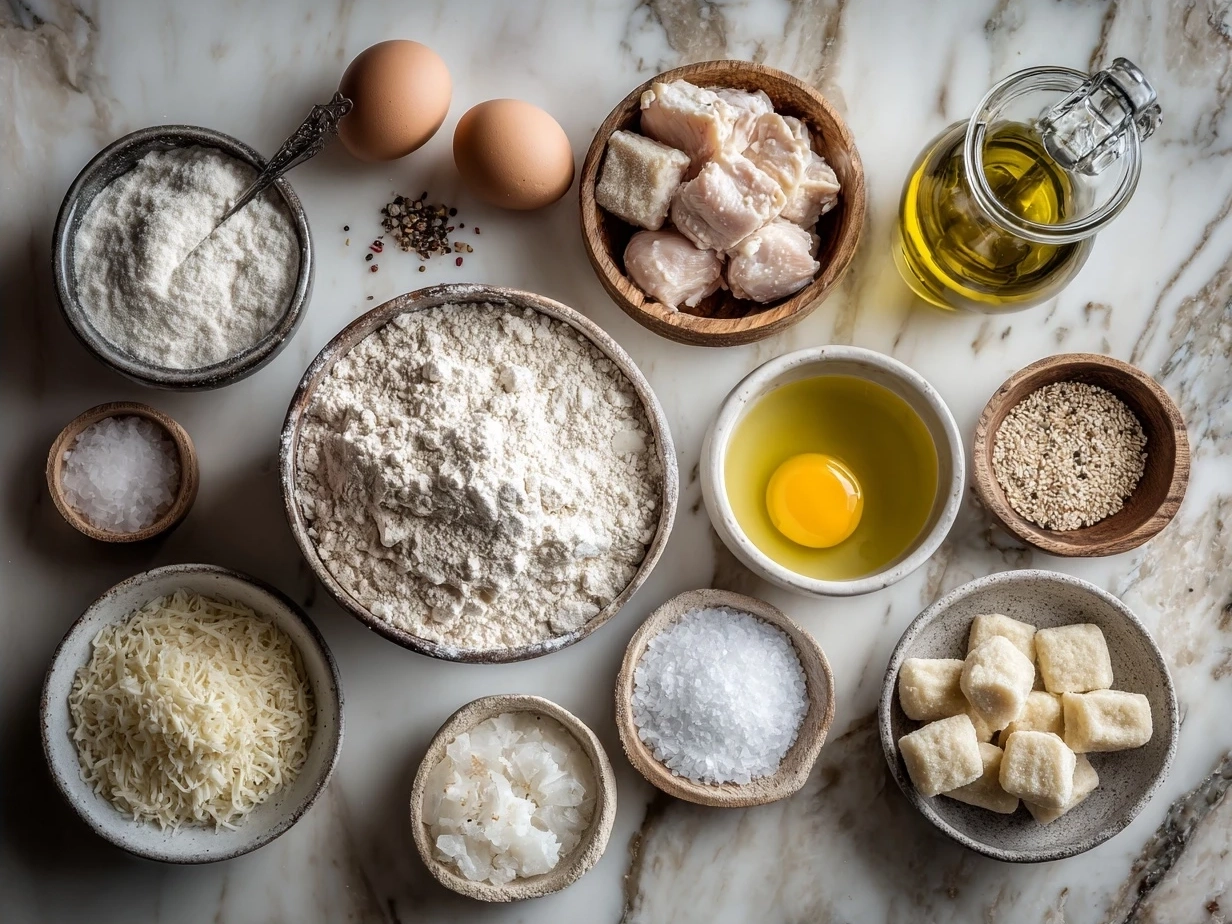 Ingredients for Chicken Alfredo Gnocchi including gnocchi, chicken, Parmesan, cream, spinach, garlic and olive oil
