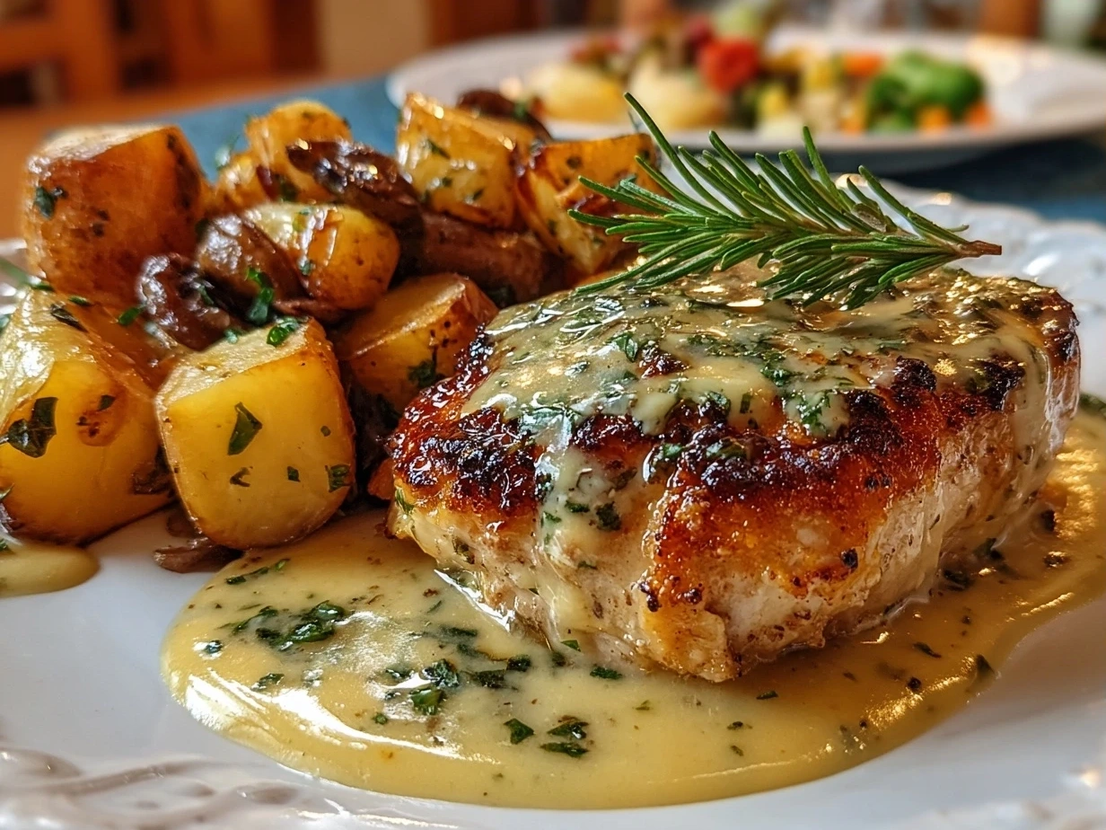 Finished Chicken and Potatoes Dijon Sauce served on a plate garnished with fresh thyme, creamy sauce and golden roasted potatoes