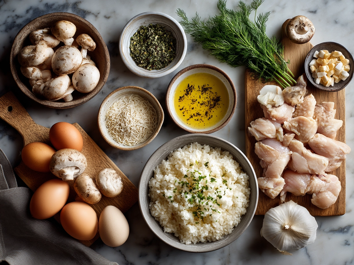 Ingredients for Chicken And Rice Bowl displayed on a kitchen counter