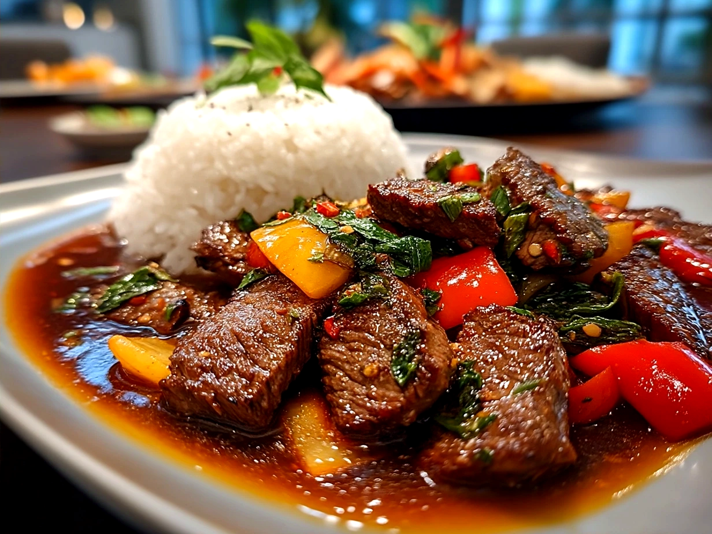 Chinese Pepper Steak plated on a dish with colorful bell peppers and garnished with green onions