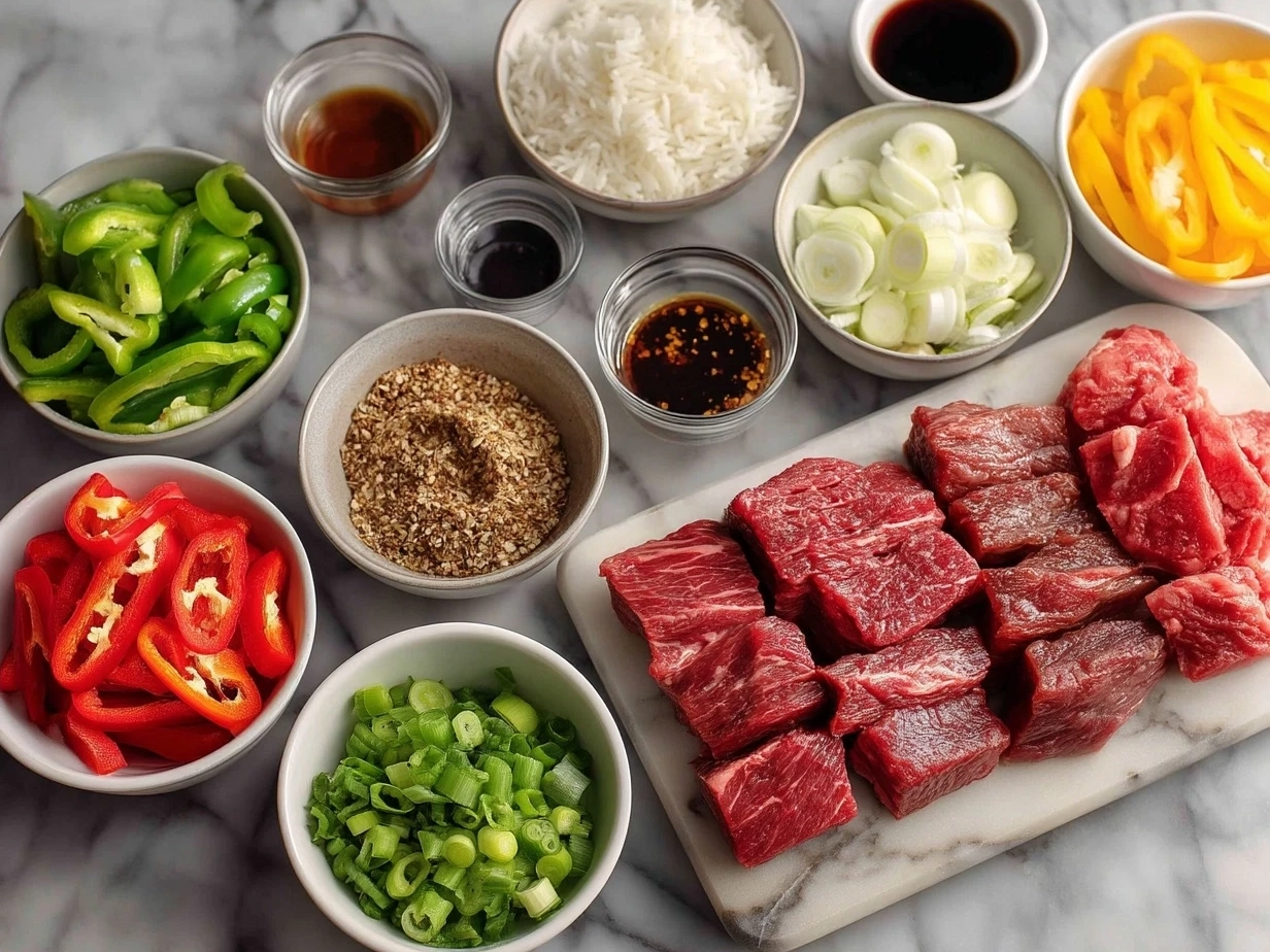 Ingredients for Chinese Pepper Steak including sliced flank steak, bell peppers, onion, garlic, and spices
