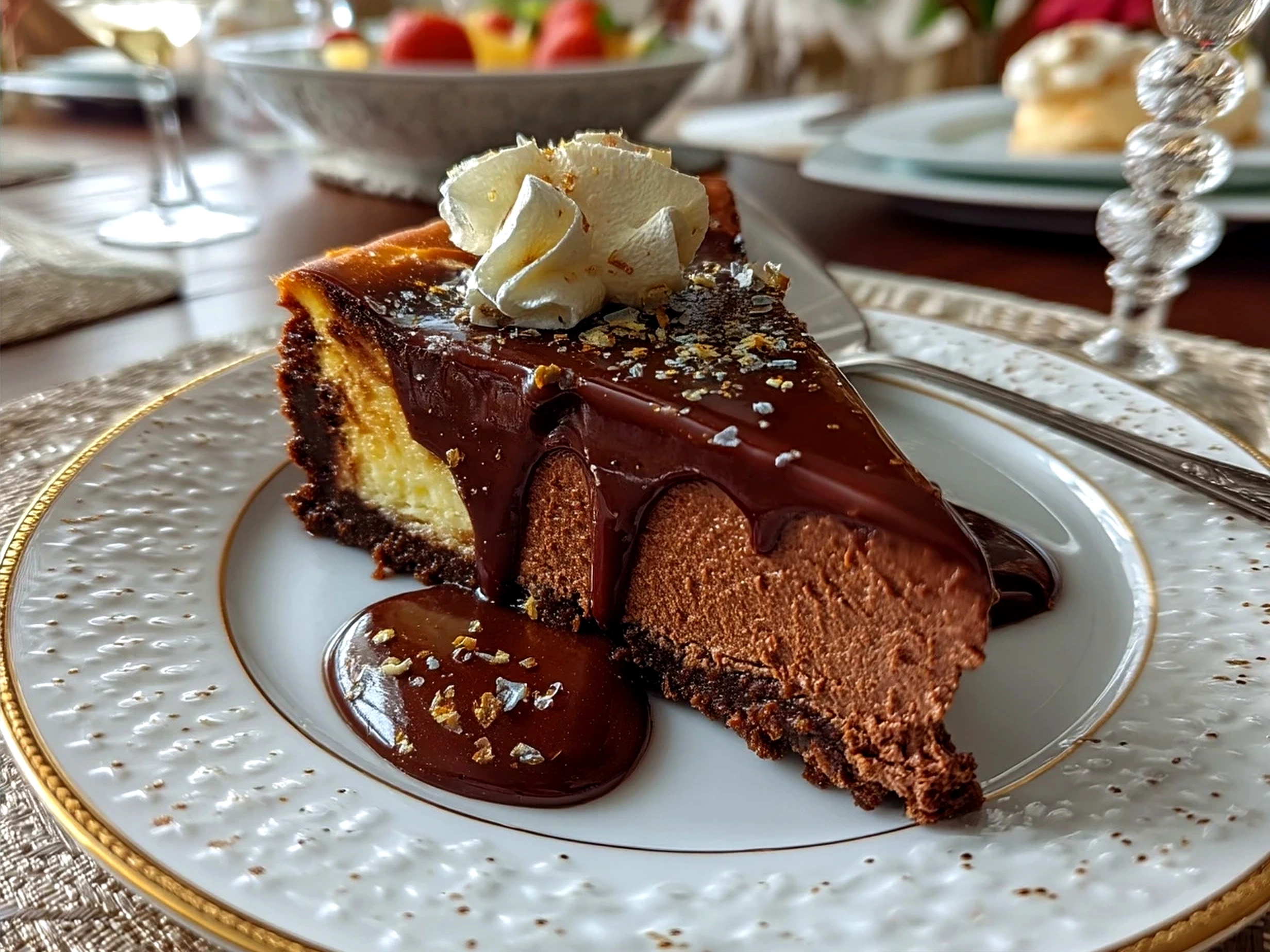 Slice of chocolate ganache cheesecake served on a plate with whipped cream and berries