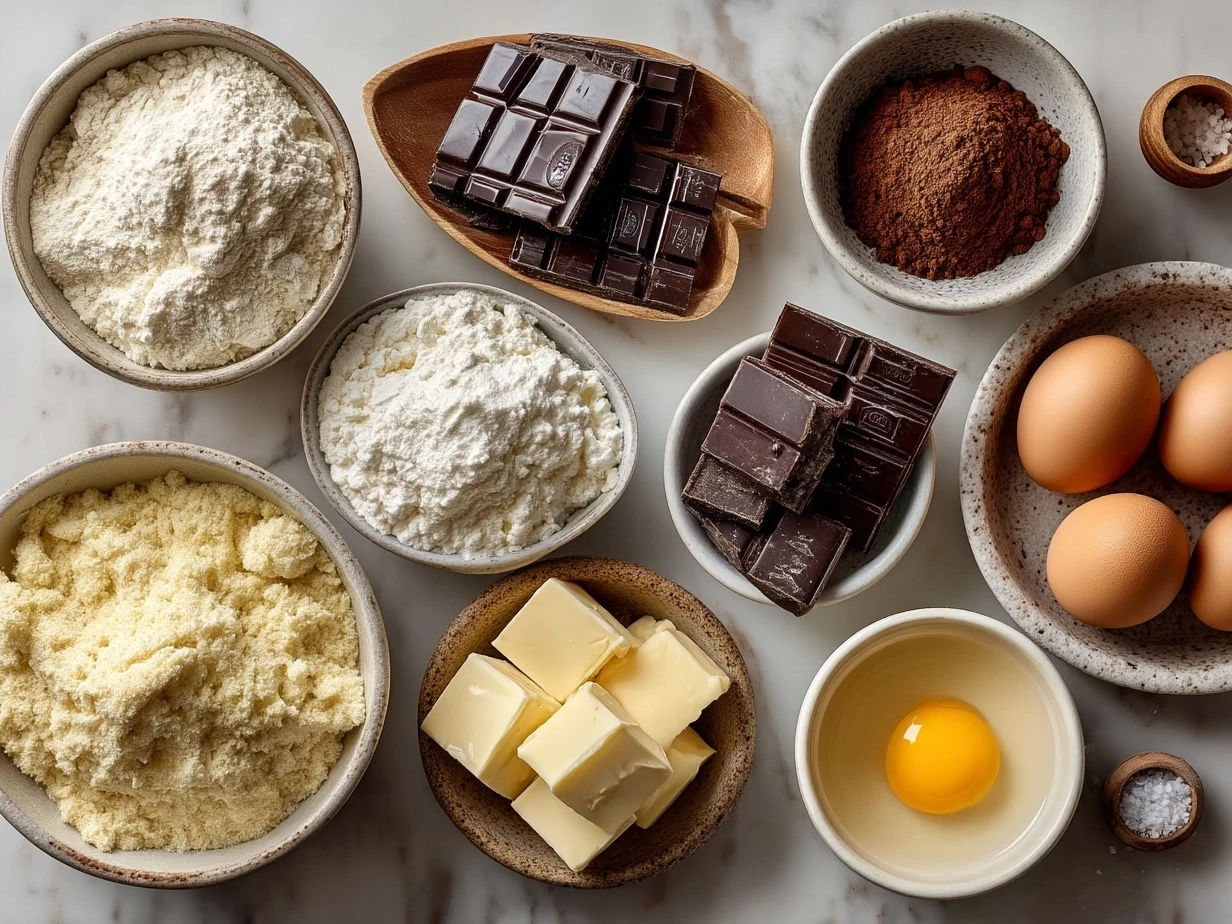 Ingredients for chocolate cheesecake laid out on a table including cocoa powder, cream cheese, eggs, and chocolate