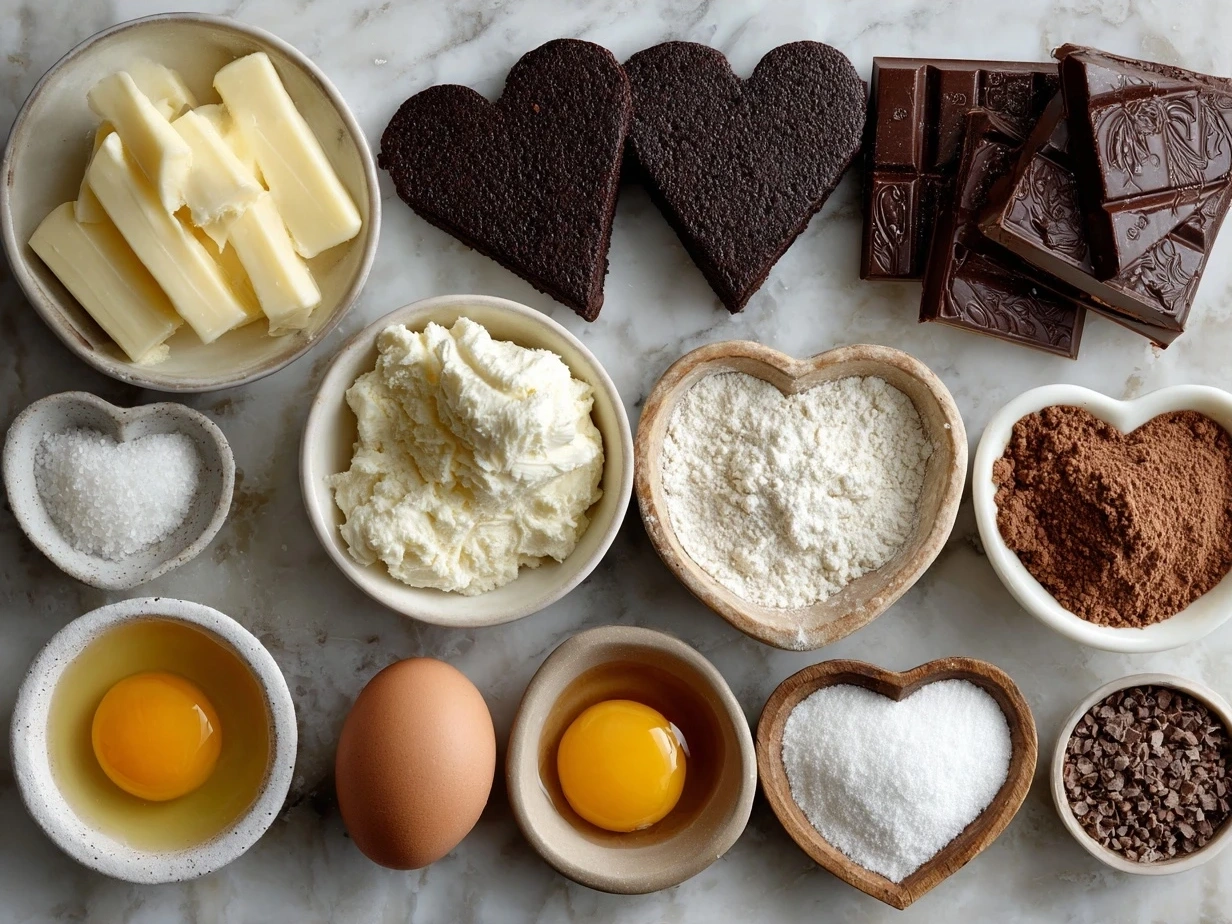 Ingredients for Chocolate Cut-Out Heart Cookies arranged on a table
